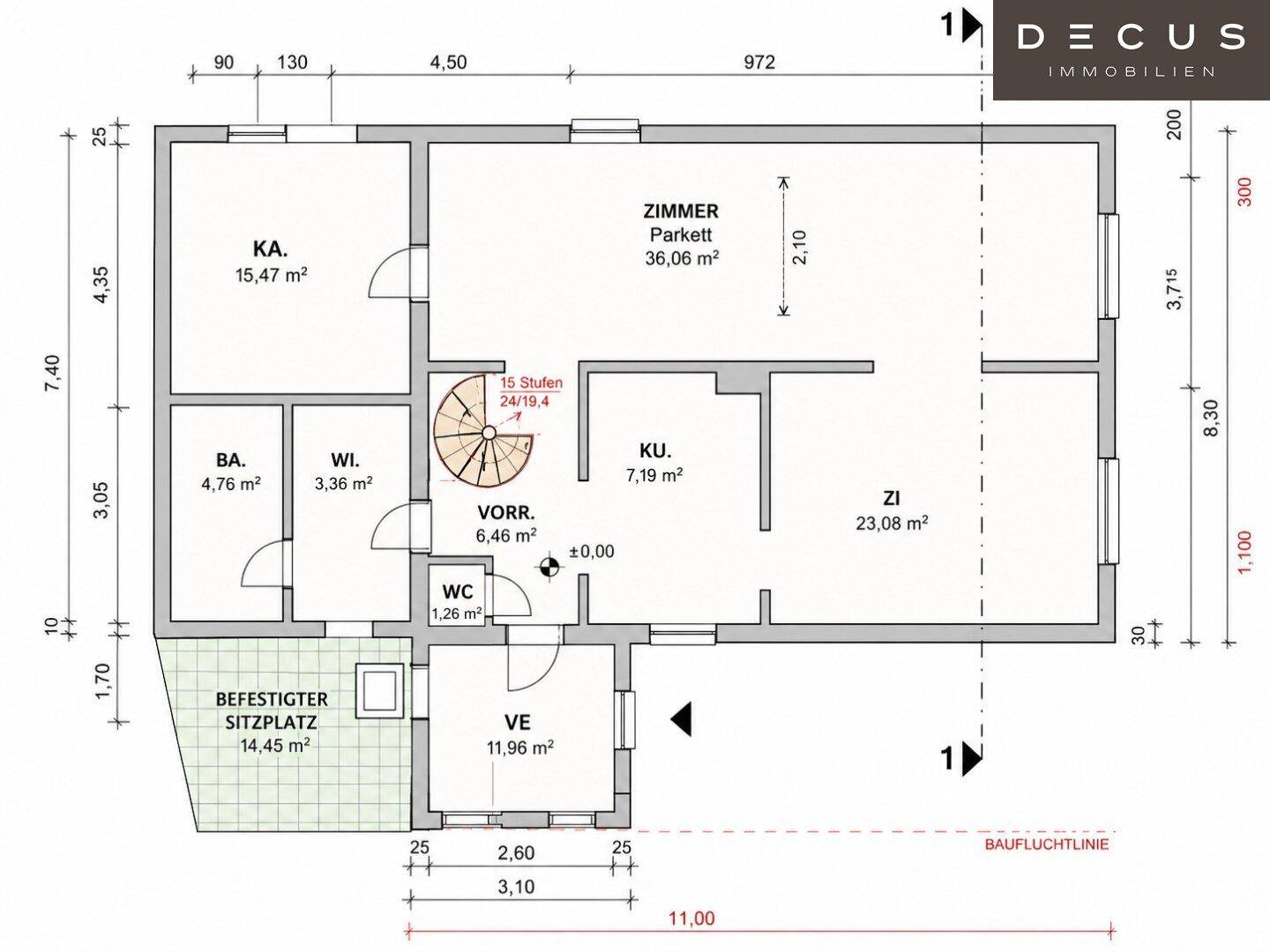 Grundriss des Erdgeschosses mit Wohnzimmer, Küche und weiteren Räumen.