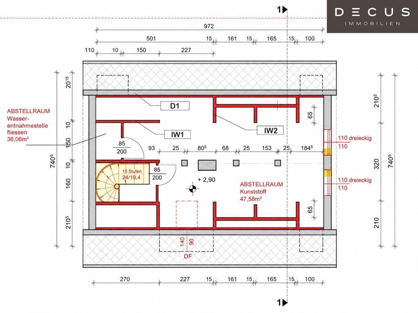 Grundriss des Obergeschosses mit Abstellräumen und Treppenaufgang.