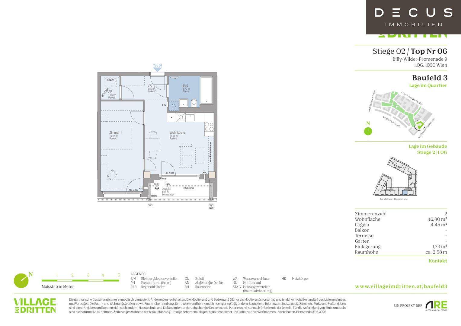 Detaillierter Grundriss einer Wohnung mit zwei Schlafzimmern, Bad, separatem WC und offener Wohnküche.