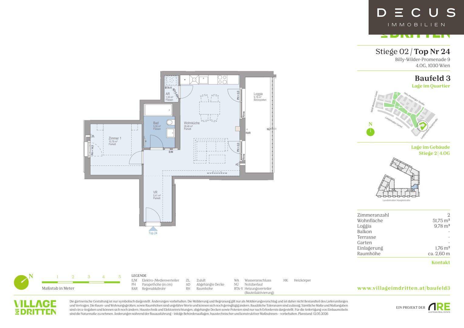 Detaillierter Grundriss einer Wohnung mit offener Wohnküche, Loggia und separatem WC.