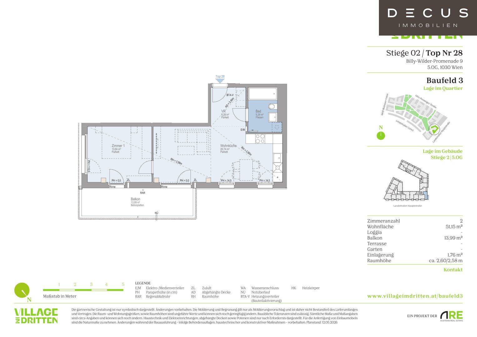 Grundriss einer Wohnung mit offenem Wohnbereich, zwei Schlafzimmern, zwei Bädern und Balkon.