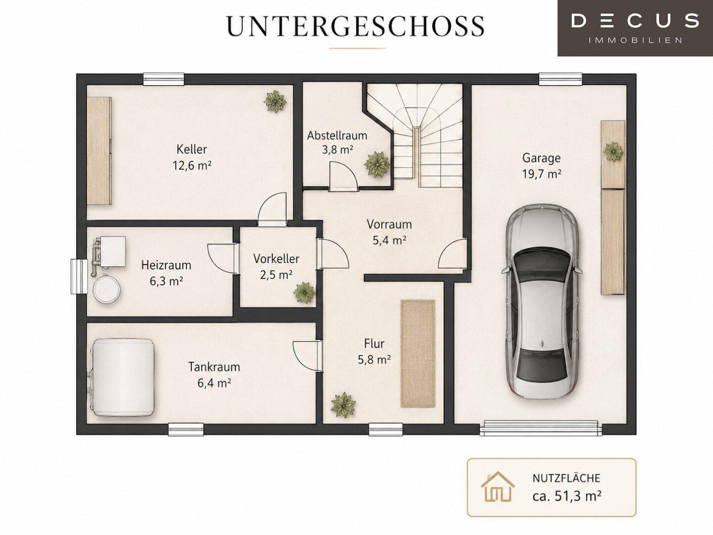 Grundriss des Untergeschosses mit Keller, Abstellraum, Heizraum, Tankraum und Garage.