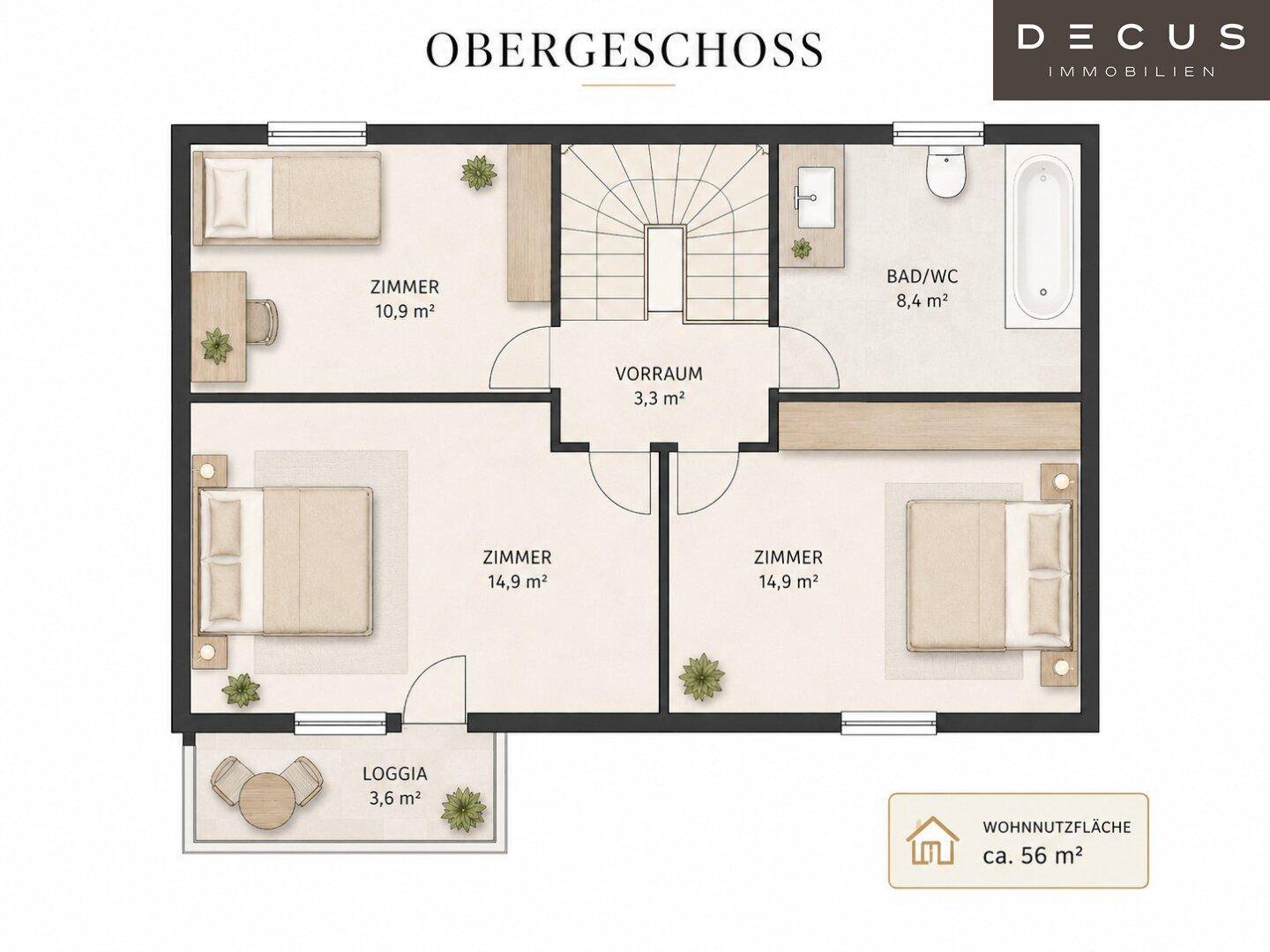 Grundriss des Obergeschosses mit drei Schlafzimmern, einem Badezimmer und einer Loggia.