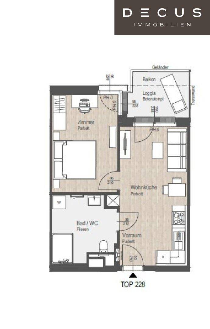 Grundriss einer Wohnung mit Wohnküche, Schlafzimmer, Bad und Zugang zu Loggia und Balkon.