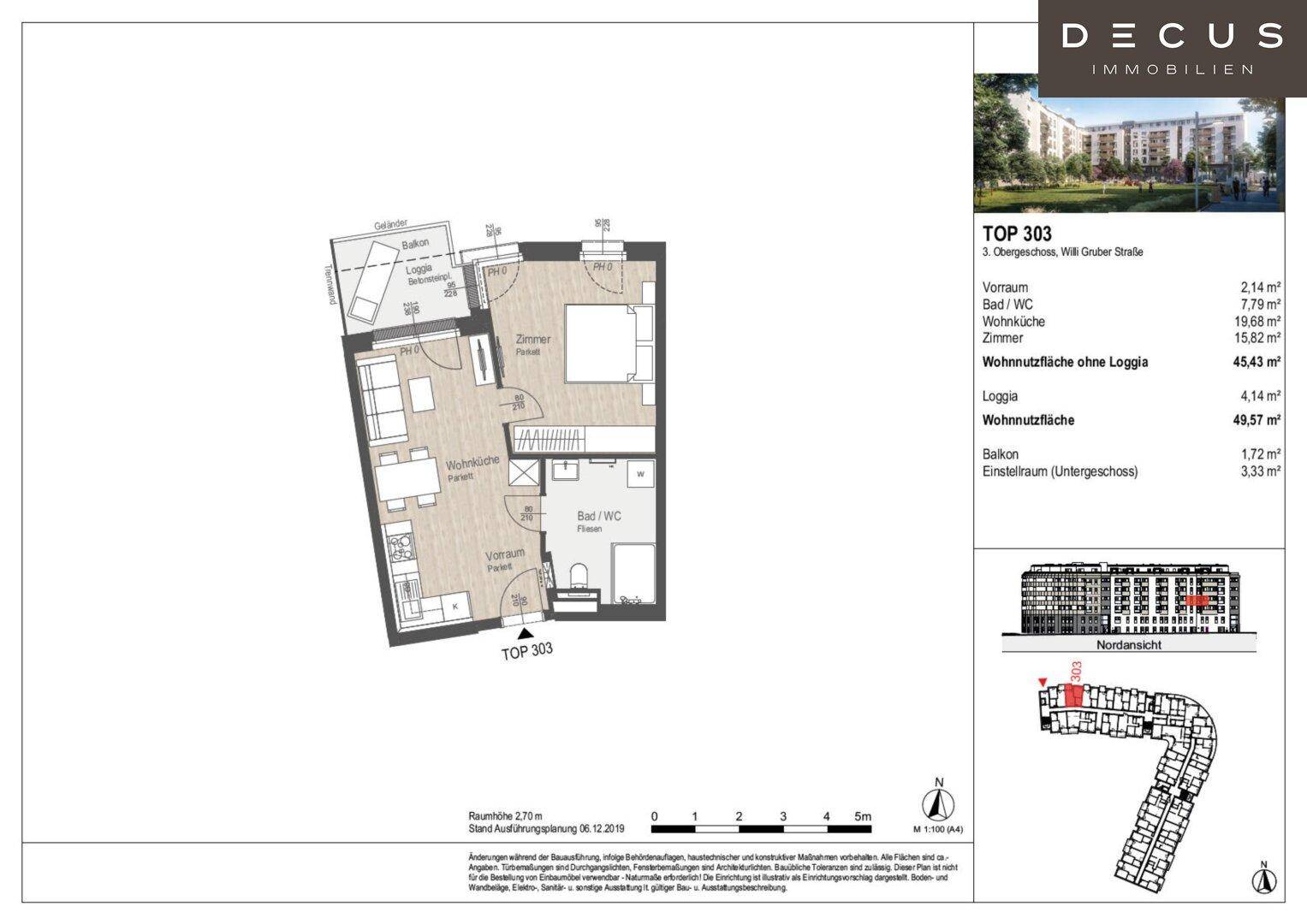 Grundriss der Wohnung TOP 303 mit Loggia und Balkon, zeigt die Raumaufteilung.
