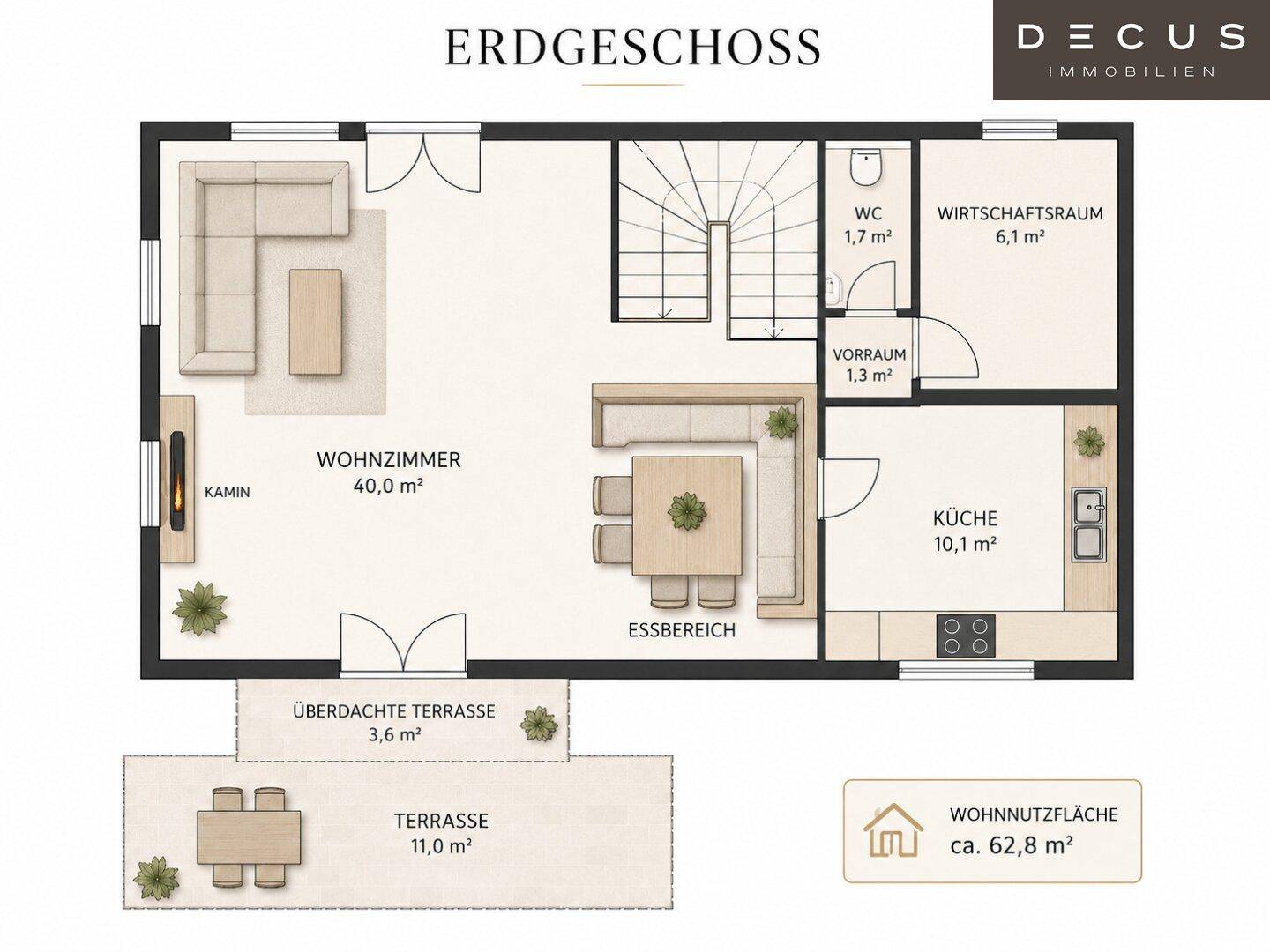Grundriss des Erdgeschosses mit offenem Wohn-Essbereich, Küche, WC und Terrasse.