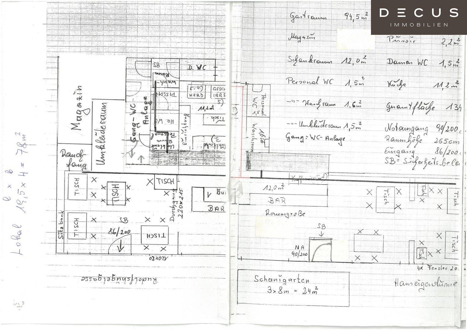 Handgezeichneter Grundrissplan eines Lokals mit Gastraum, Bar und Sanitärbereichen.