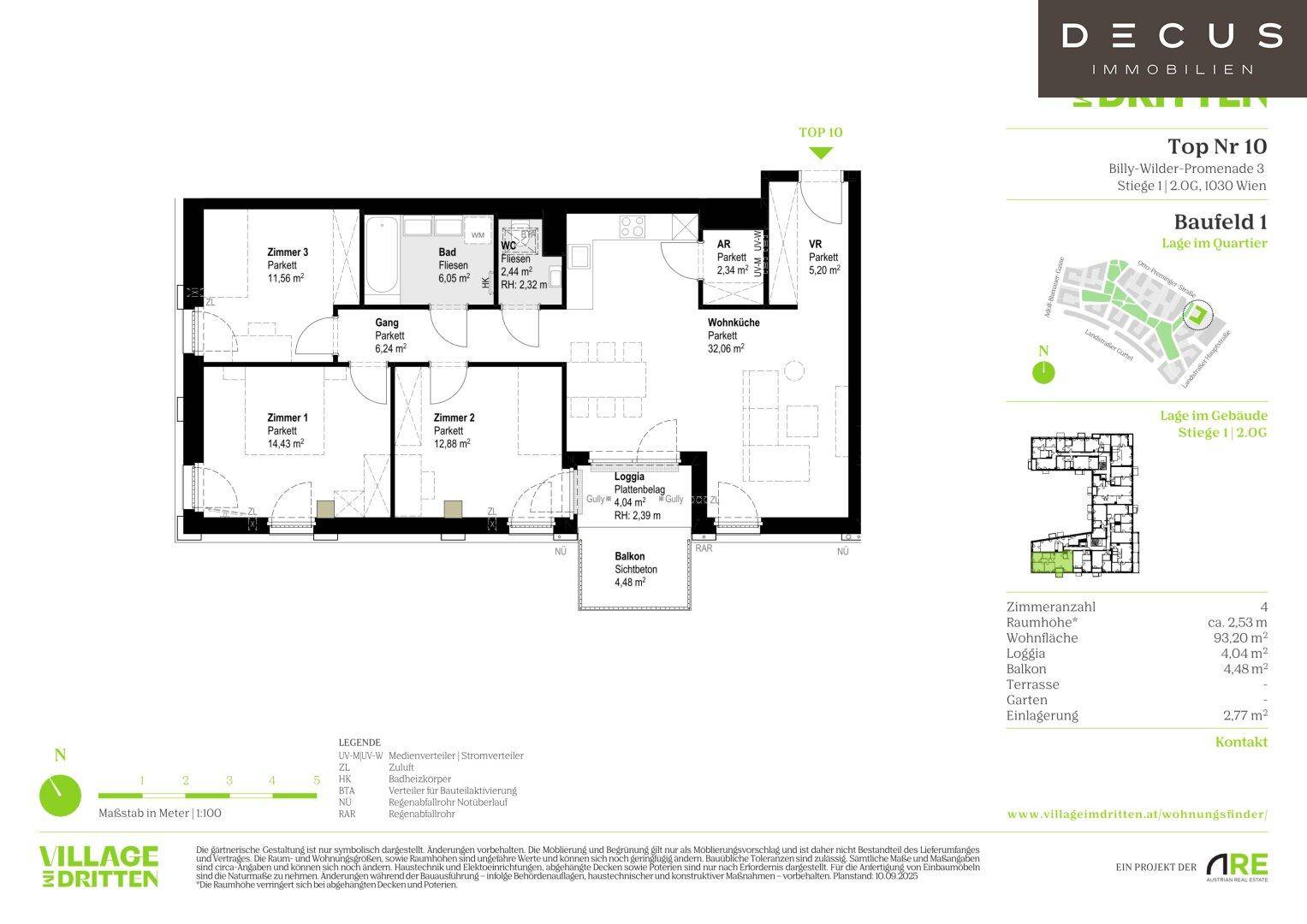 Detaillierter Grundriss einer Wohnung mit drei Zimmern, Loggia und separatem WC.