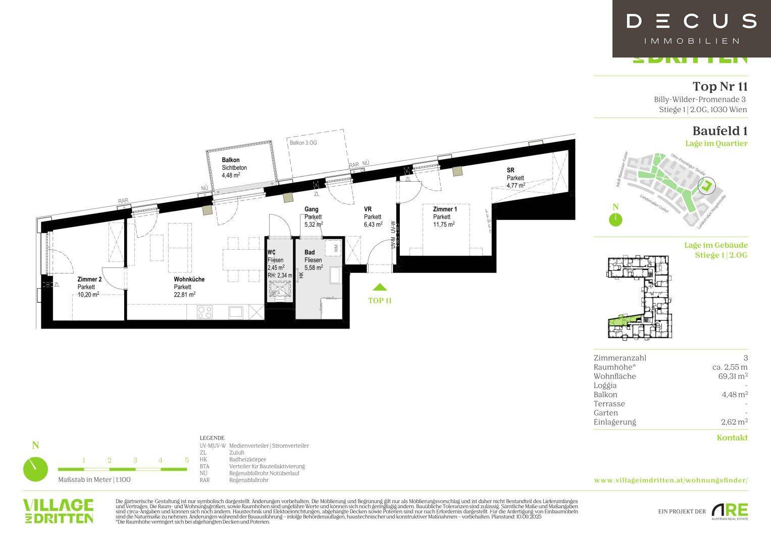 Grundriss der Wohnung Top Nr. 11 mit Wohnküche, zwei Zimmern, Bad, WC und Balkon.