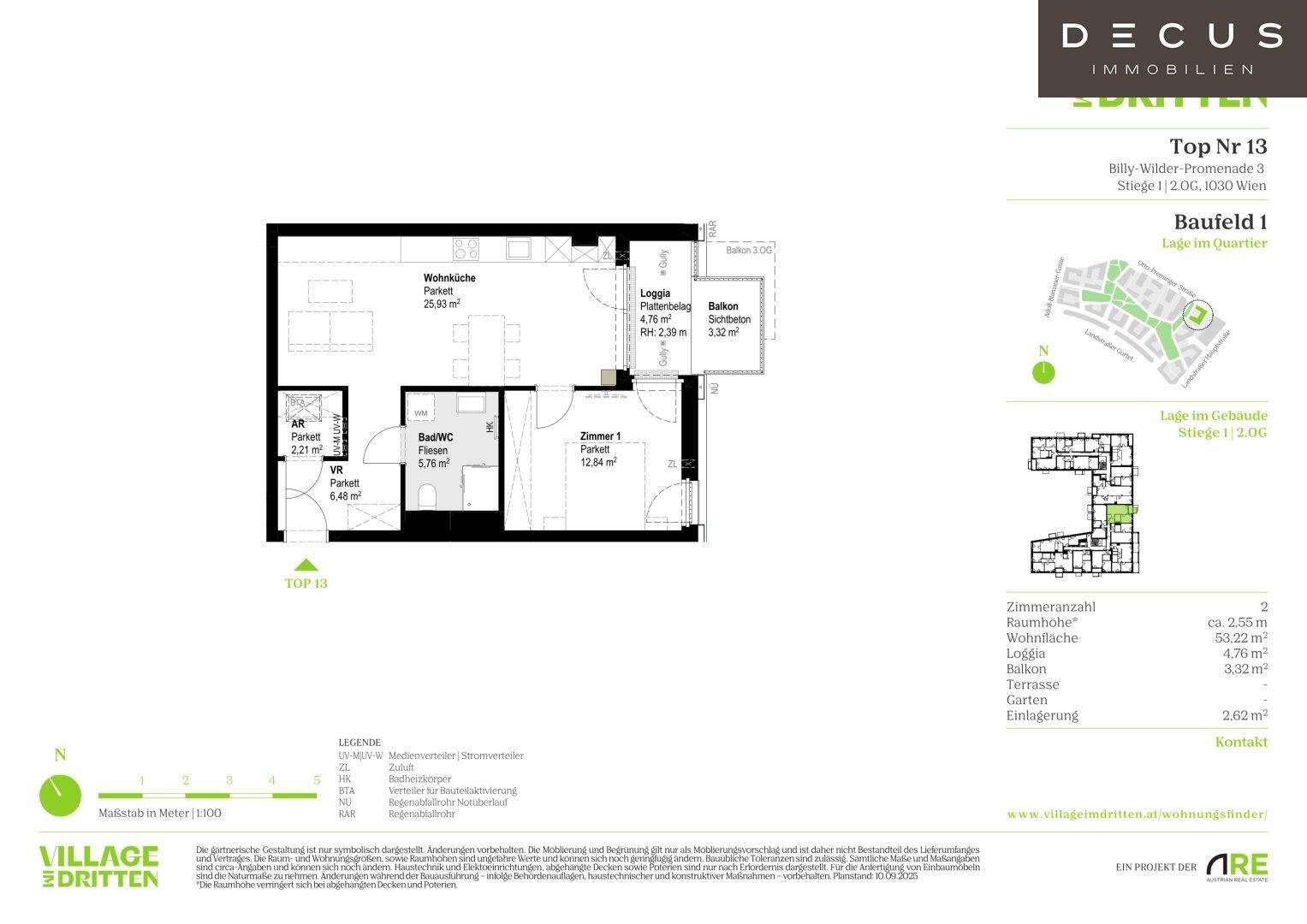 Grundriss der Wohnung Top Nr. 13 mit Wohnküche, Schlafzimmer und Loggia.