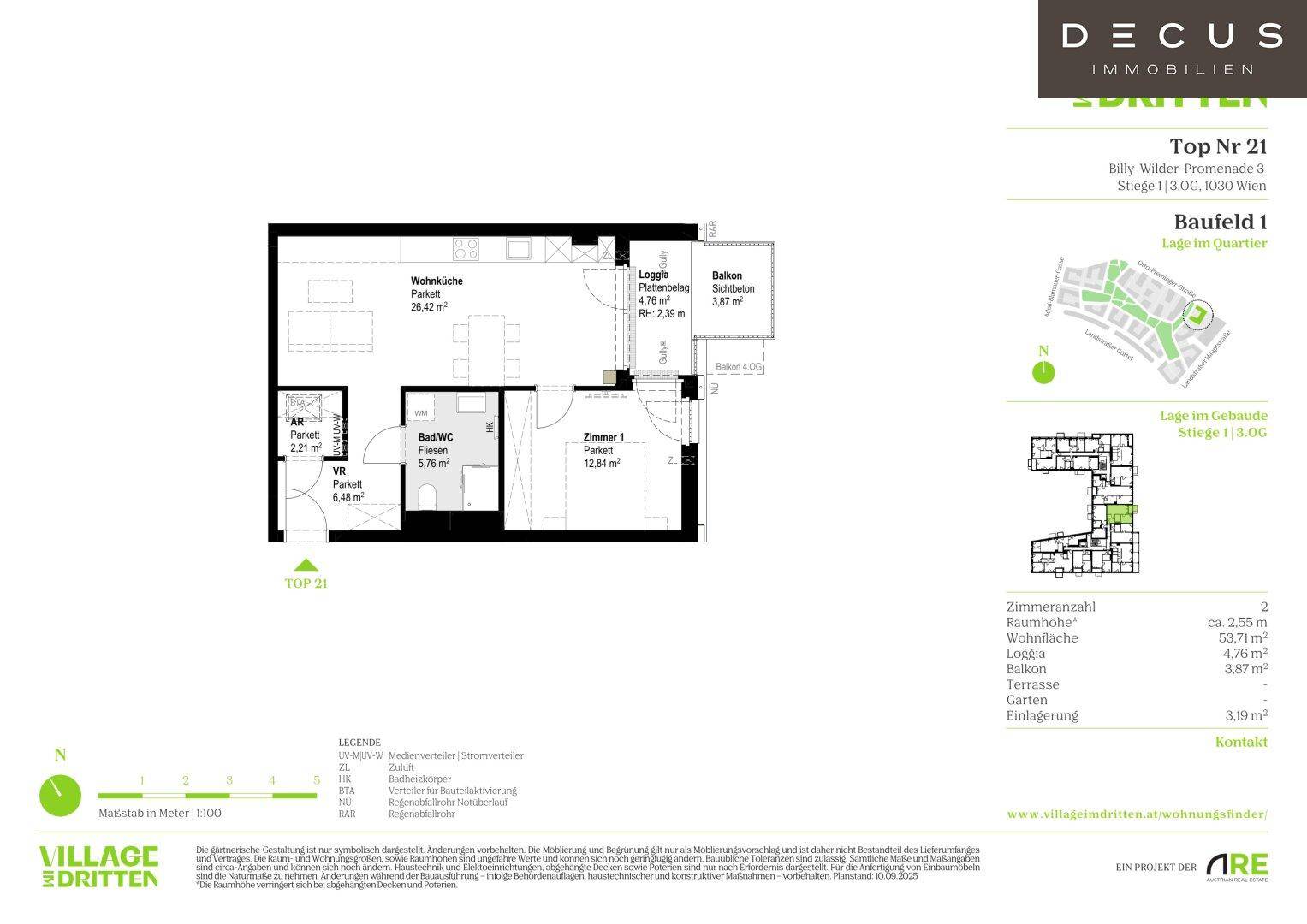 Grundriss der Wohnung Top Nr. 21 mit offener Wohnküche, Schlafzimmer, Bad und Loggia.