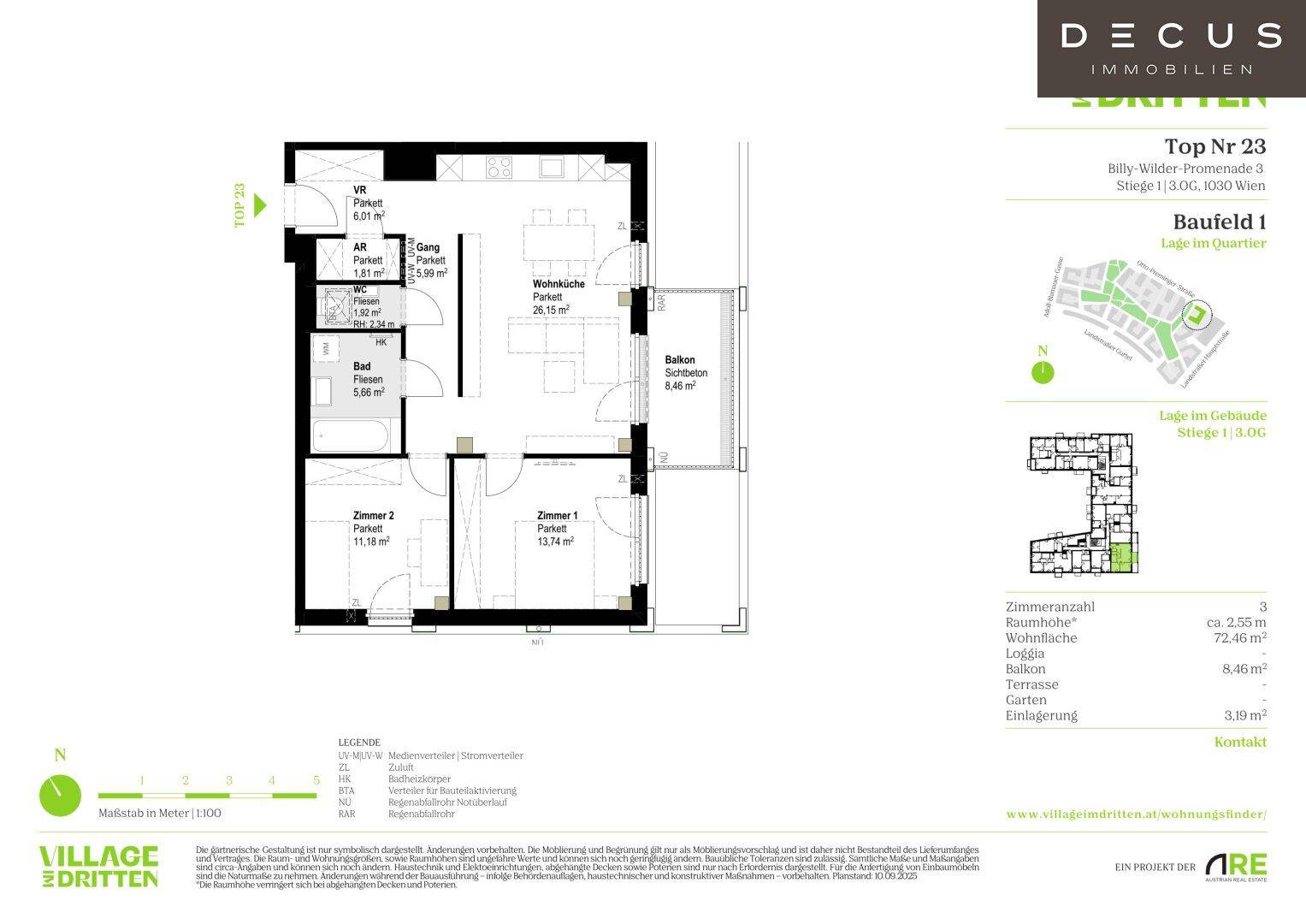 Grundriss einer Wohnung mit zwei Schlafzimmern, einem Badezimmer, offenem Wohnbereich und Balkon.