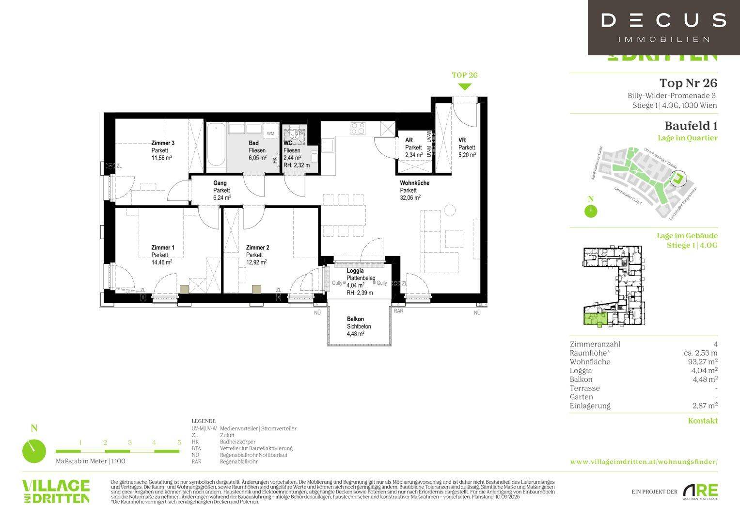 Grundriss einer Wohnung mit drei Zimmern, offener Wohnküche, Loggia und Balkon.