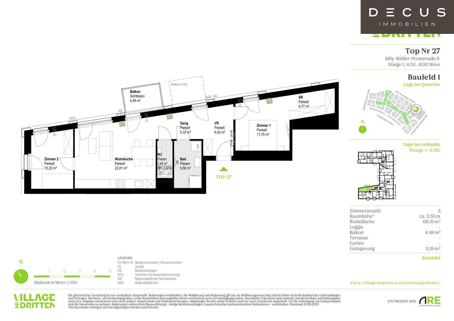 Grundriss der Wohnung Top Nr. 27 mit Wohnküche, zwei Zimmern, Bad und Balkon.