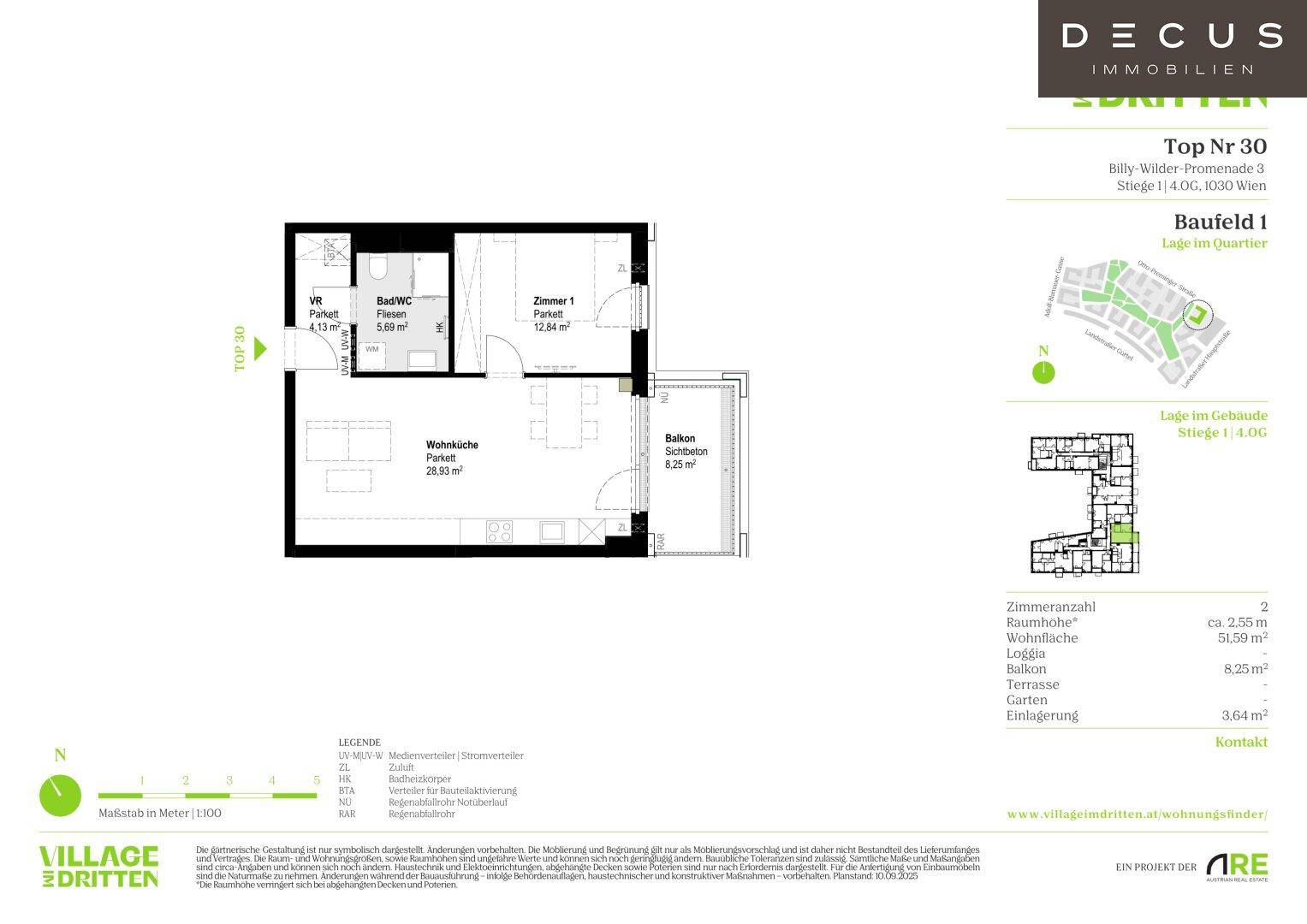 Grundriss einer Wohnung mit Wohnküche, Schlafzimmer, Bad und Balkon, inklusive Flächenangaben.