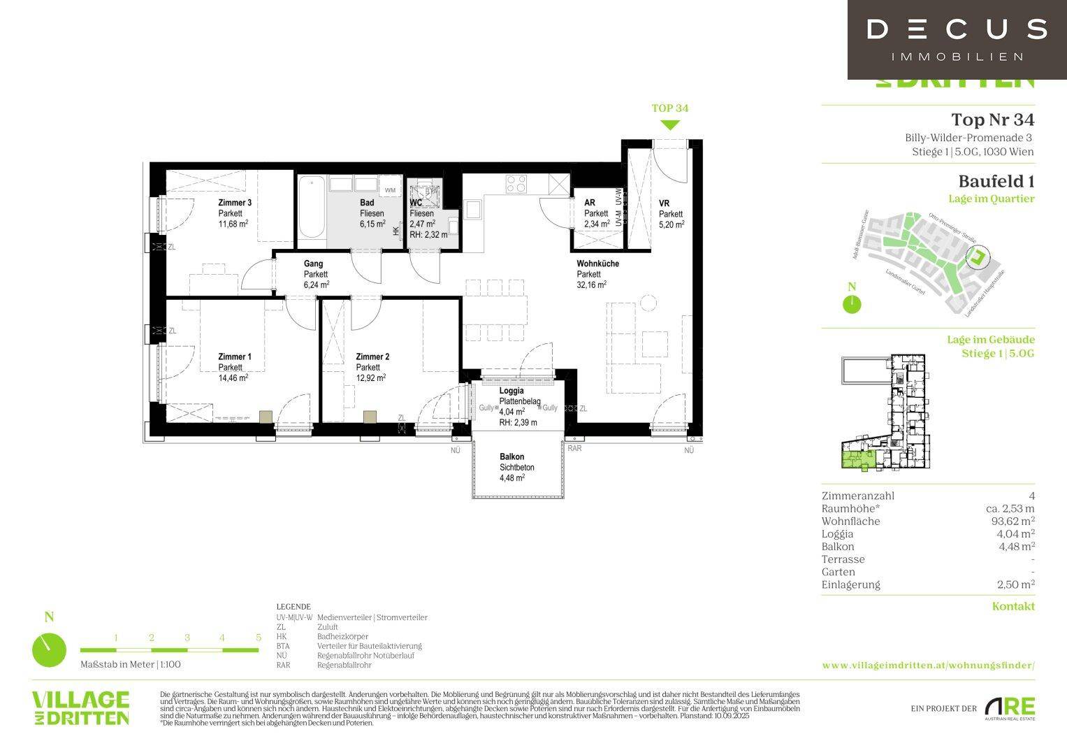 Detaillierter Grundriss einer Wohnung mit drei Zimmern, Wohnküche, Loggia und Balkon.