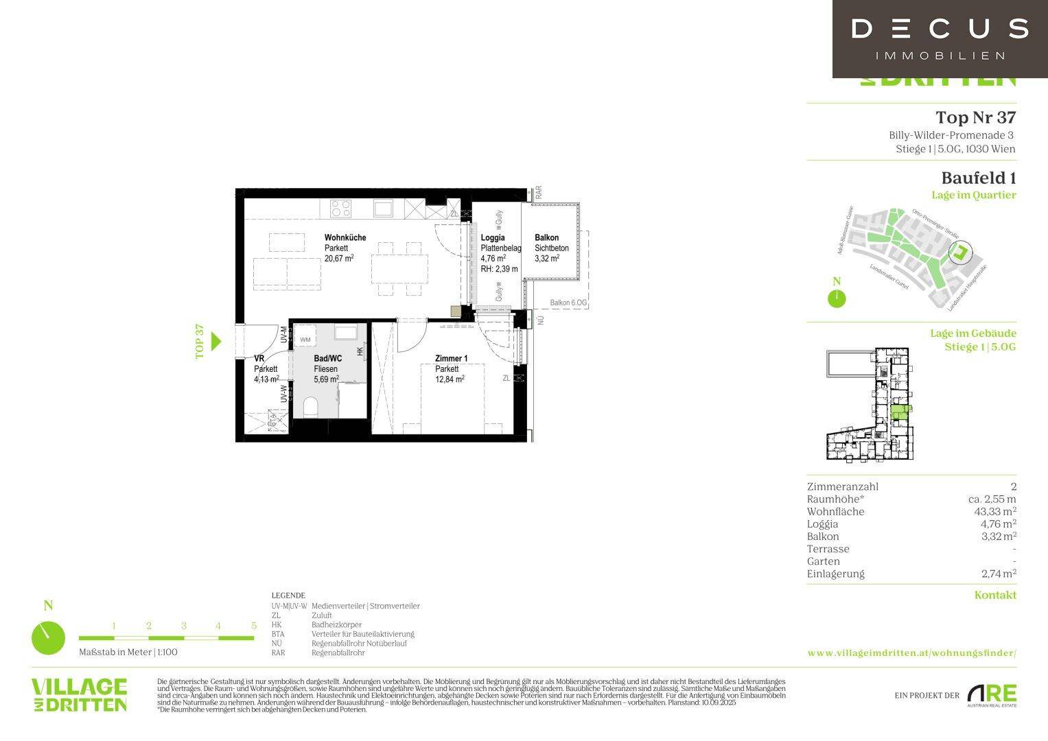 Grundriss einer Wohnung mit offener Wohnküche, einem Schlafzimmer, Bad und Loggia.