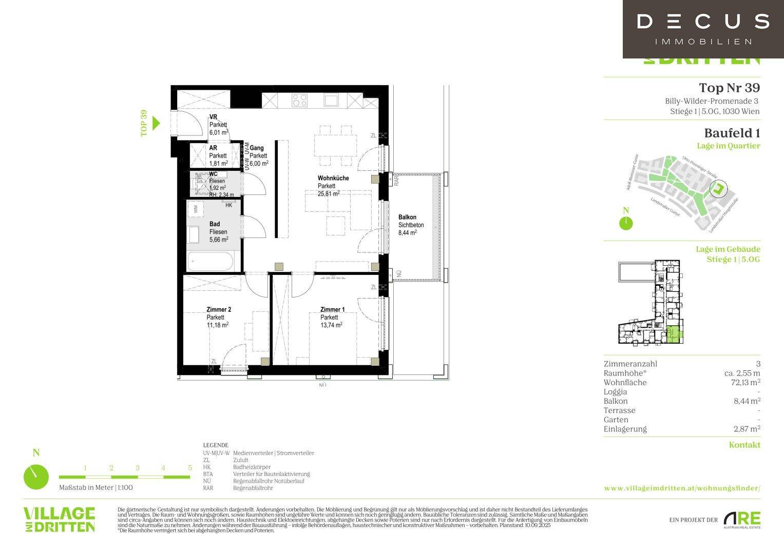 Grundriss der Wohnung Top Nr. 39 mit drei Zimmern, Balkon und separatem WC.