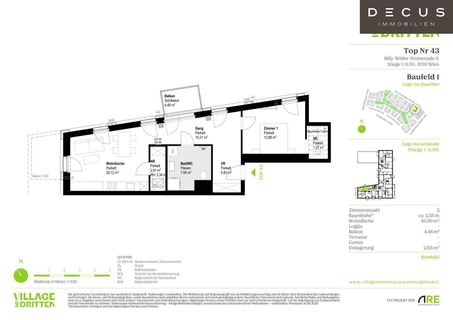 Grundriss einer Wohnung mit zwei Zimmern, offenem Wohnbereich, Balkon und separatem WC.