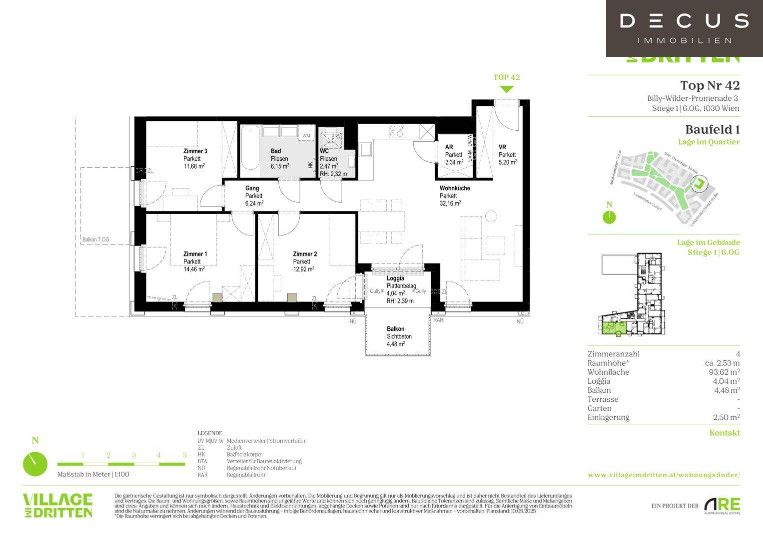 Grundriss einer Wohnung mit drei Zimmern, offener Wohnküche, Bad, WC, Loggia und Balkon.
