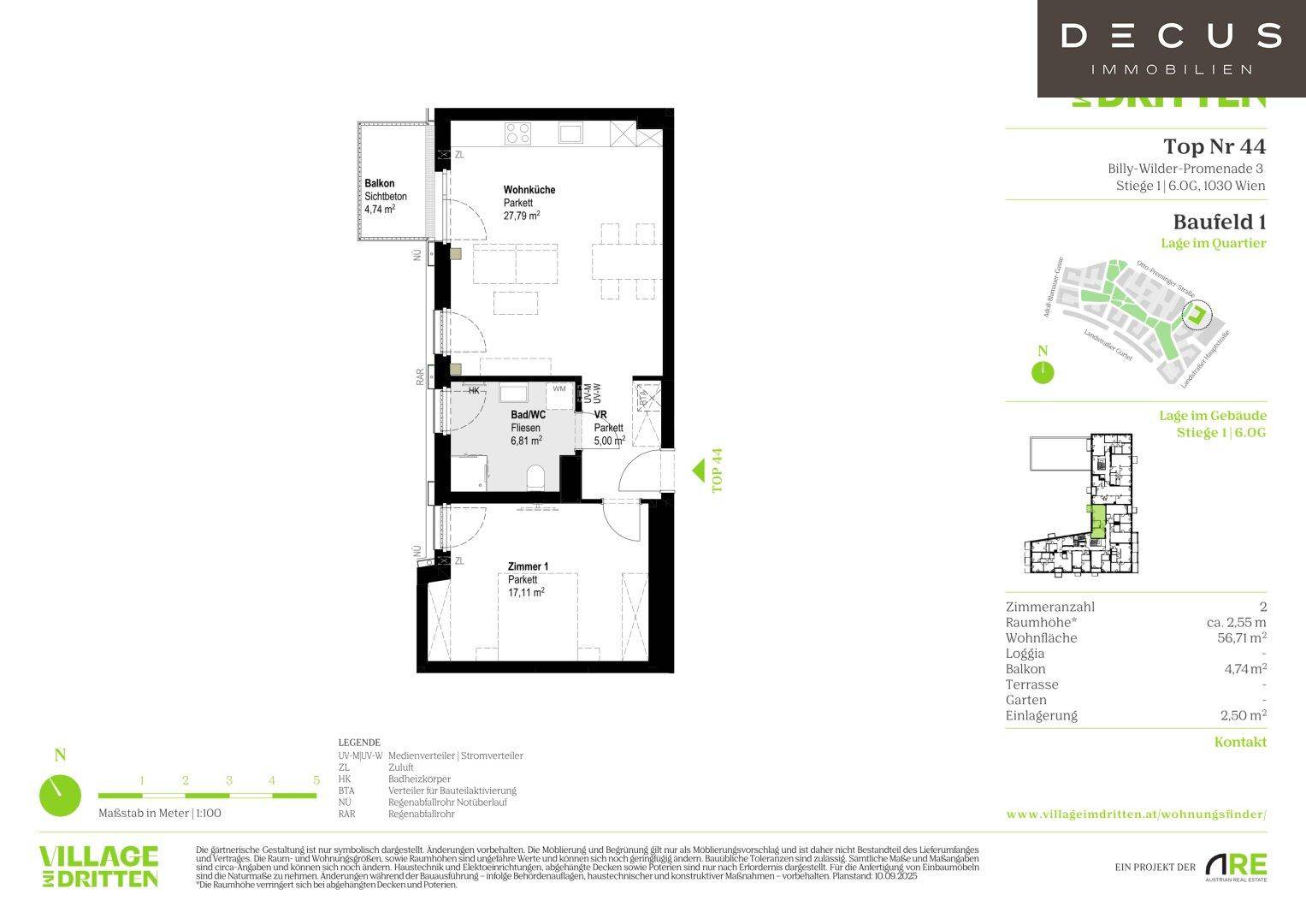 Grundriss einer Wohnung mit Wohnküche, Schlafzimmer, Bad und Balkon.