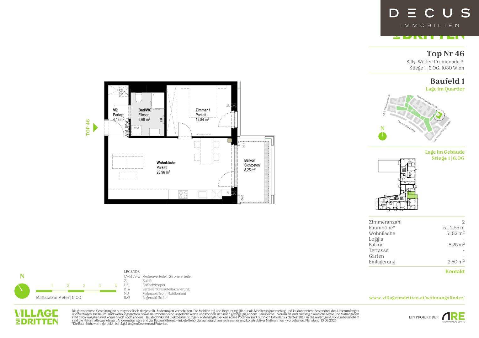 Grundriss der Wohnung Top Nr. 46 mit Wohnküche, Schlafzimmer und Balkon.