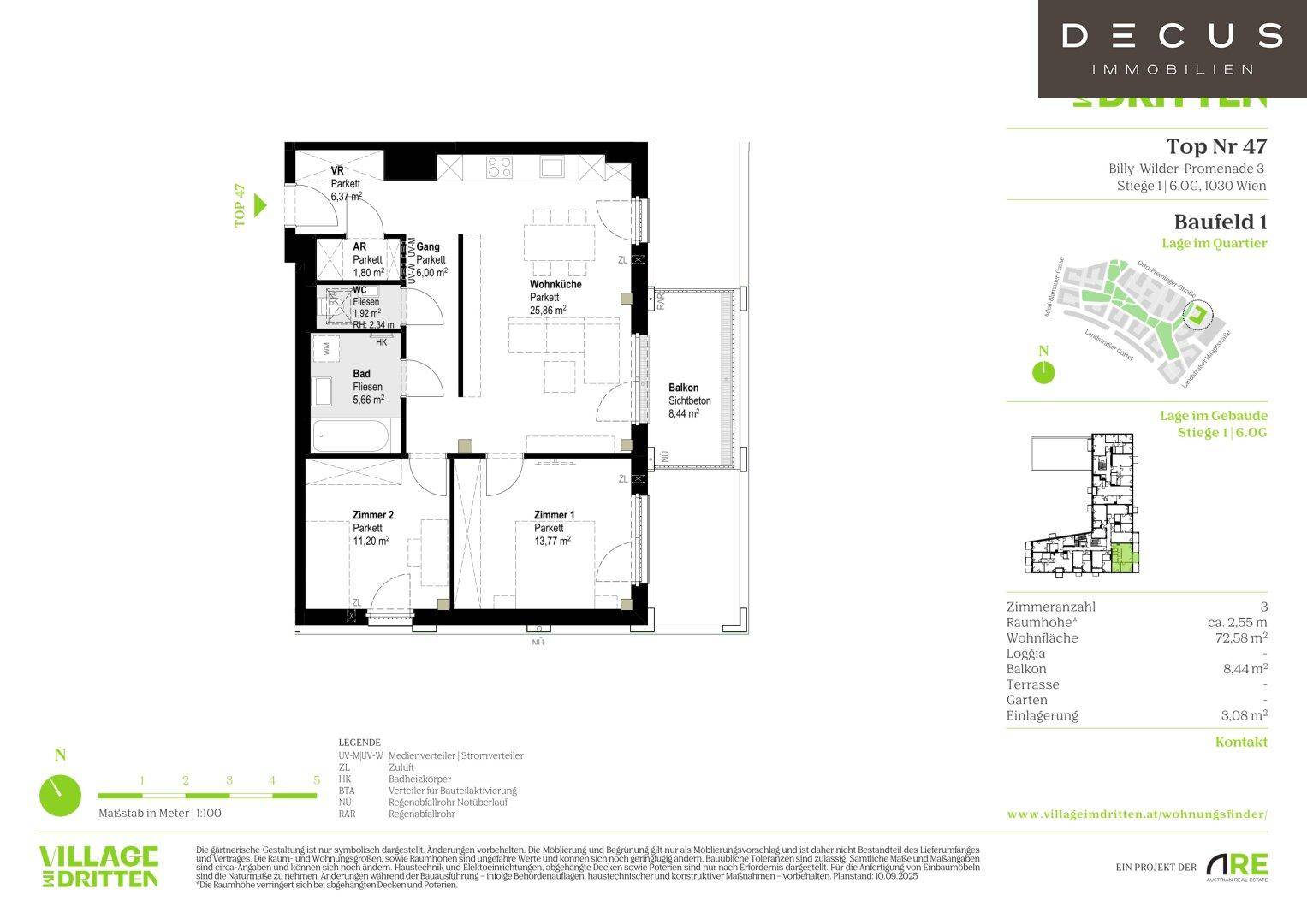 Detaillierter Grundriss einer Wohnung mit drei Zimmern, Balkon und separatem WC.