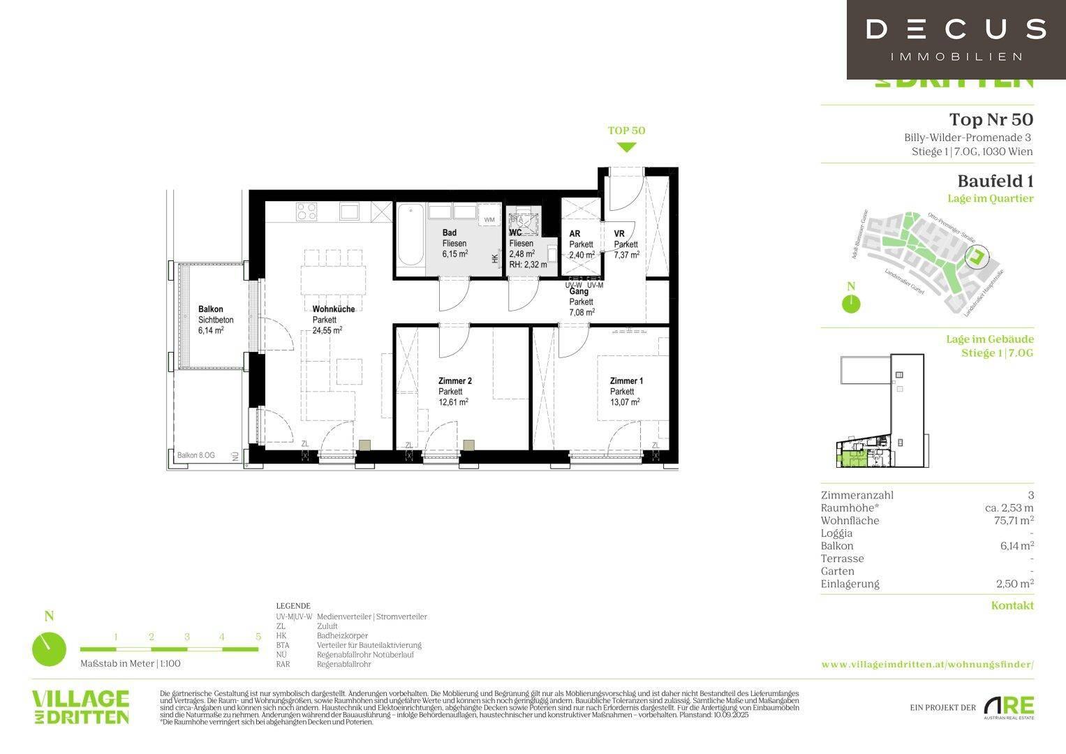Detaillierter Grundriss der Wohnung Top 50 mit Wohnküche, zwei Zimmern und Balkon.