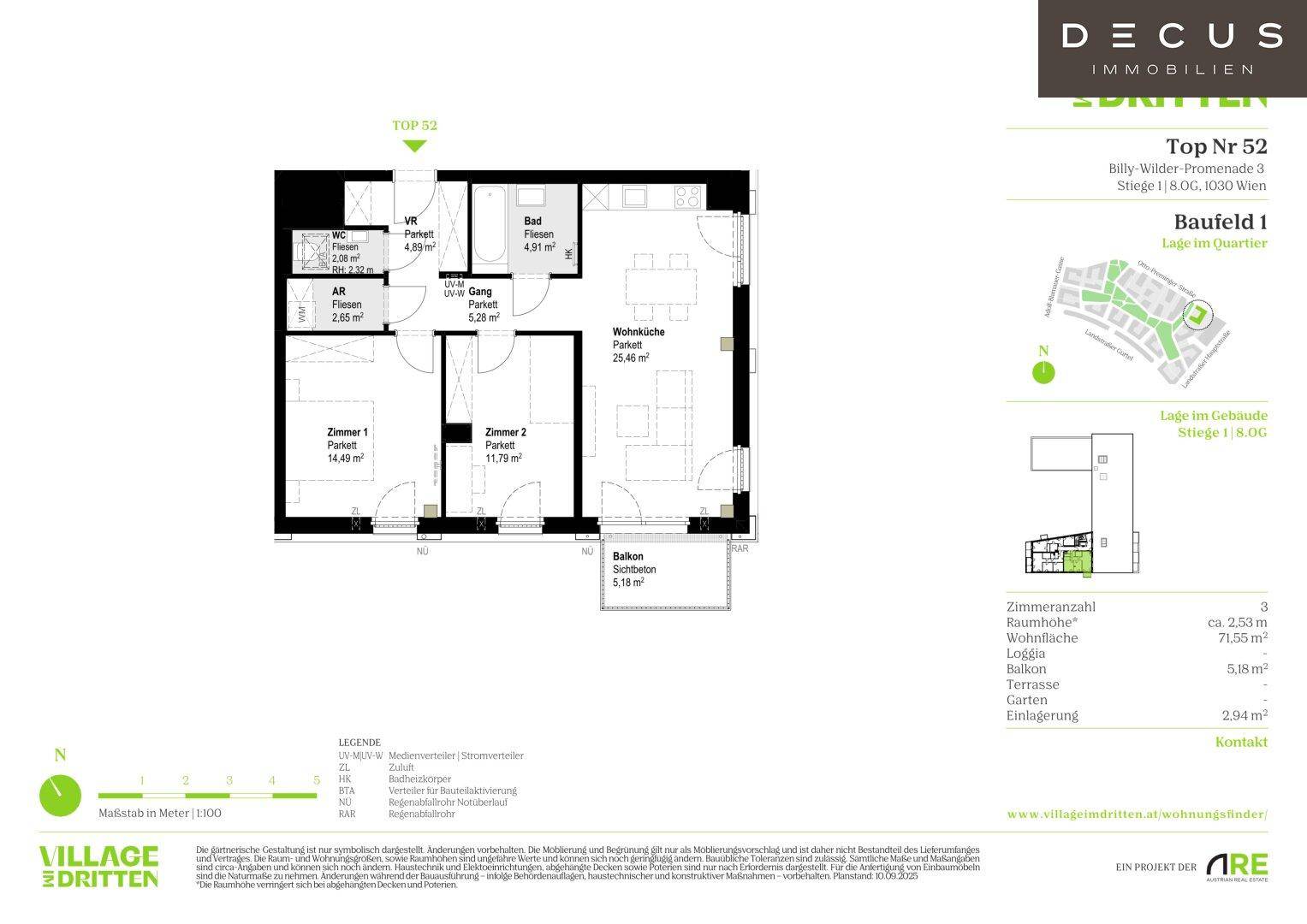 Detaillierter Grundriss einer Wohnung mit zwei Zimmern, offener Wohnküche und Balkon.