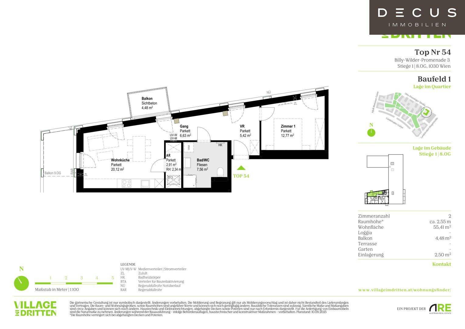 Grundriss der Wohnung Top 54 mit Wohnküche, Schlafzimmer und Balkon.