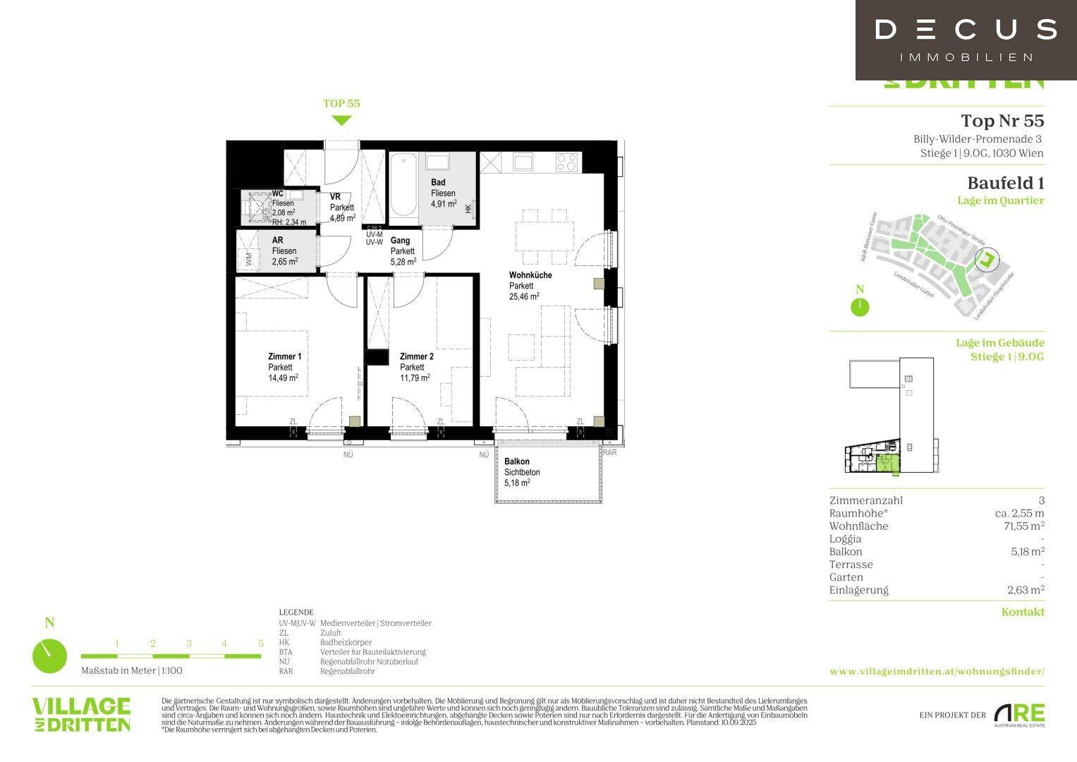 Detaillierter Grundriss der Wohnung Top 55 mit zwei Zimmern, Wohnküche und Balkon.