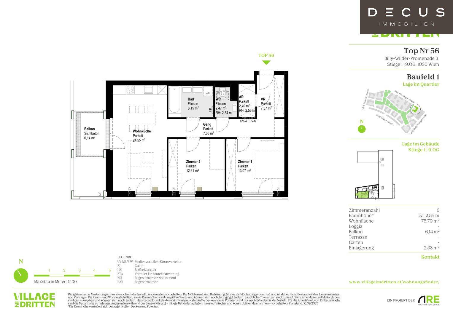 Detaillierter Grundriss der Wohnung Top 56 mit Wohnküche, zwei Zimmern und Balkon.