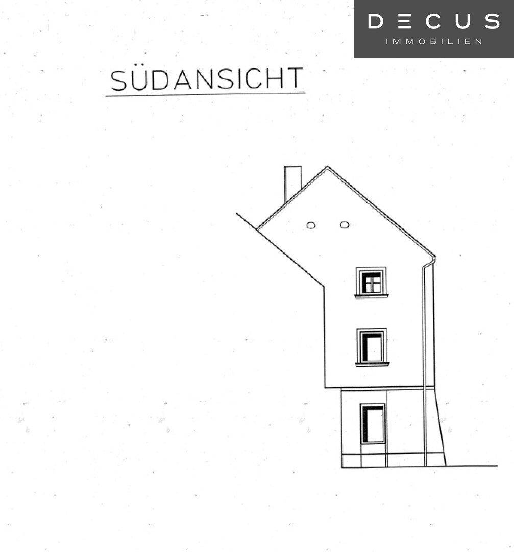 Südansicht des Gebäudes mit schrägem Dach und vertikalen Fensterreihen.
