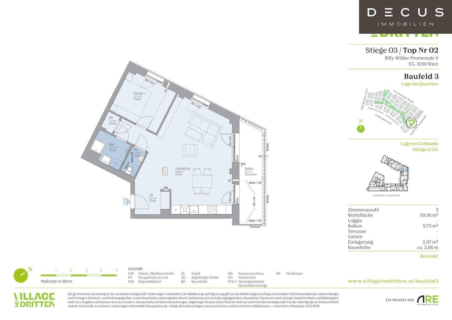 Grundriss einer Wohnung mit offenem Wohnbereich, einem Schlafzimmer und Balkon sowie Loggia.