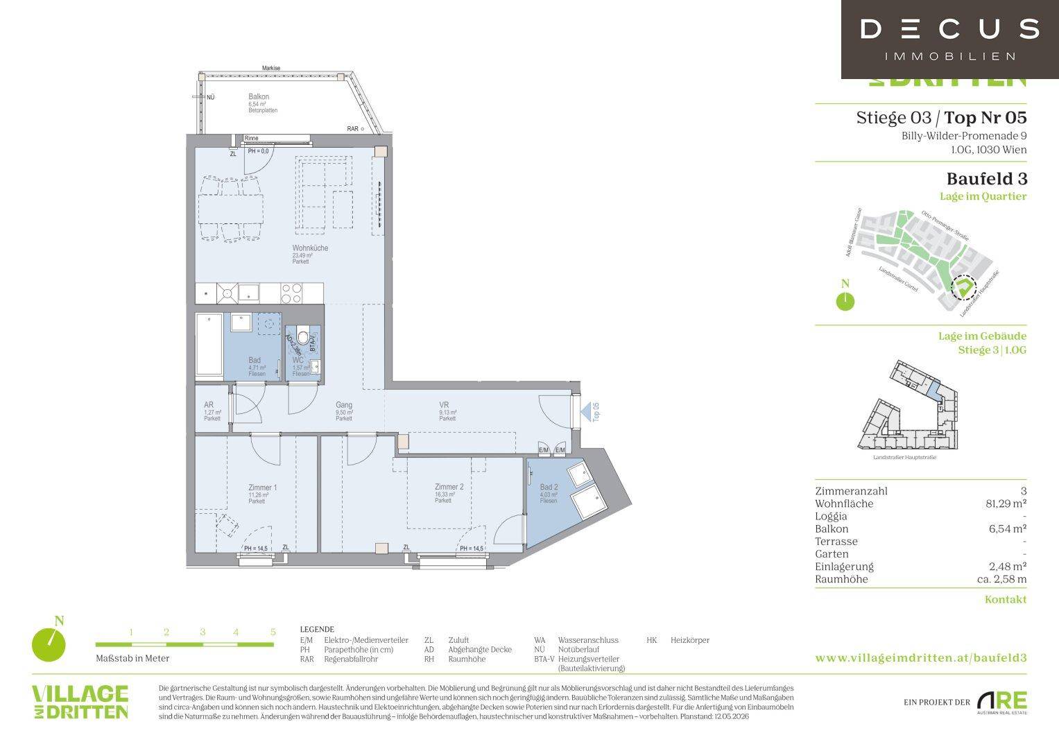 Detaillierter Grundriss einer Wohnung mit drei Zimmern, Loggia und Terrasse.