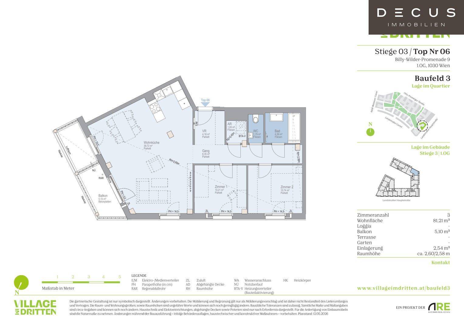 Grundriss einer Wohnung mit drei Zimmern, Loggia und offenem Wohnbereich.