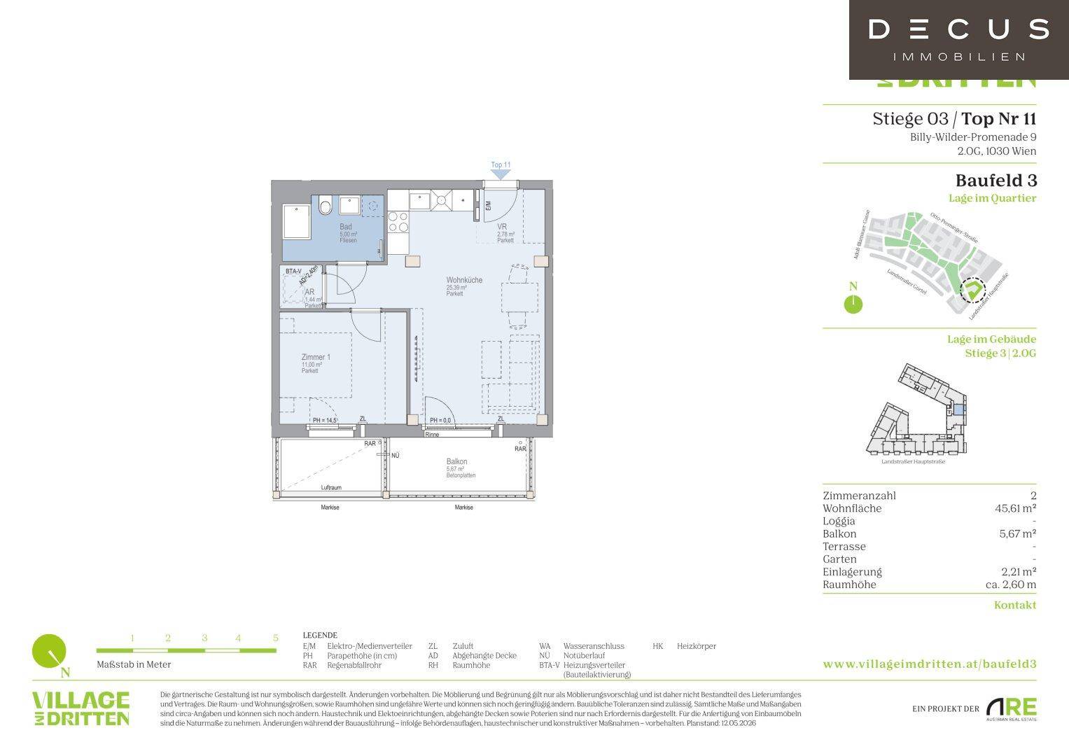 Grundriss einer 2-Zimmer-Wohnung mit Loggia, Balkon und separatem WC.