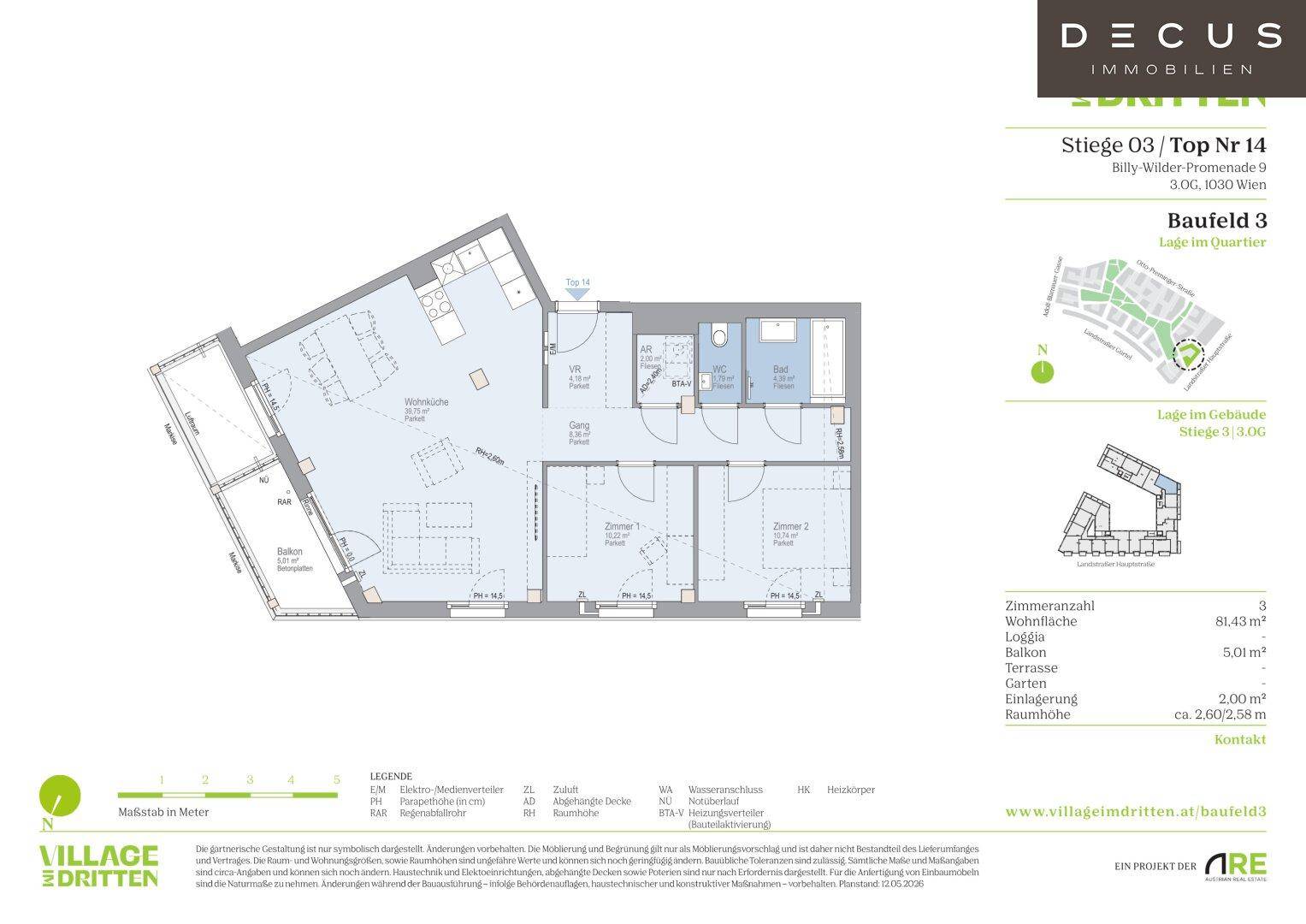 Detaillierter Grundriss einer Wohnung mit drei Zimmern, Loggia und separatem WC.