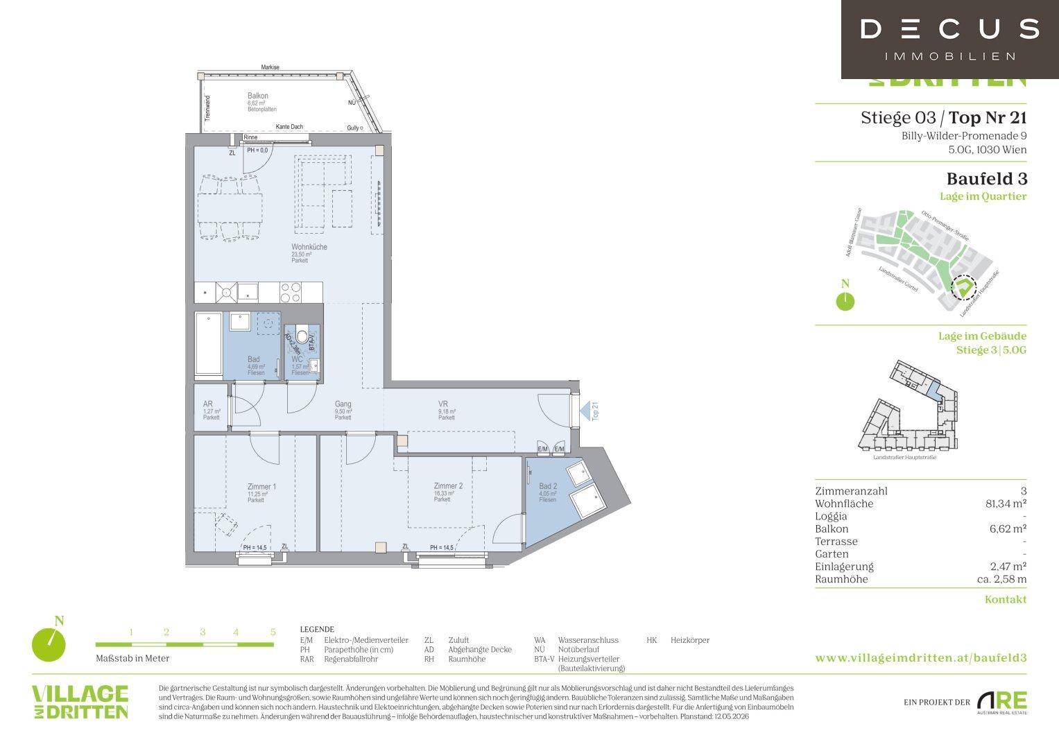 Detaillierter Grundriss einer Wohnung mit drei Zimmern, Loggia und Terrasse.