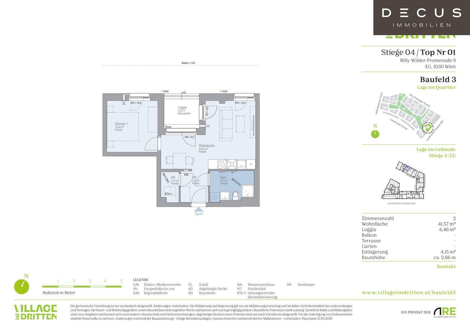 Detaillierter Grundriss einer Wohnung mit Loggia, Schlafzimmer und offenem Wohnbereich.