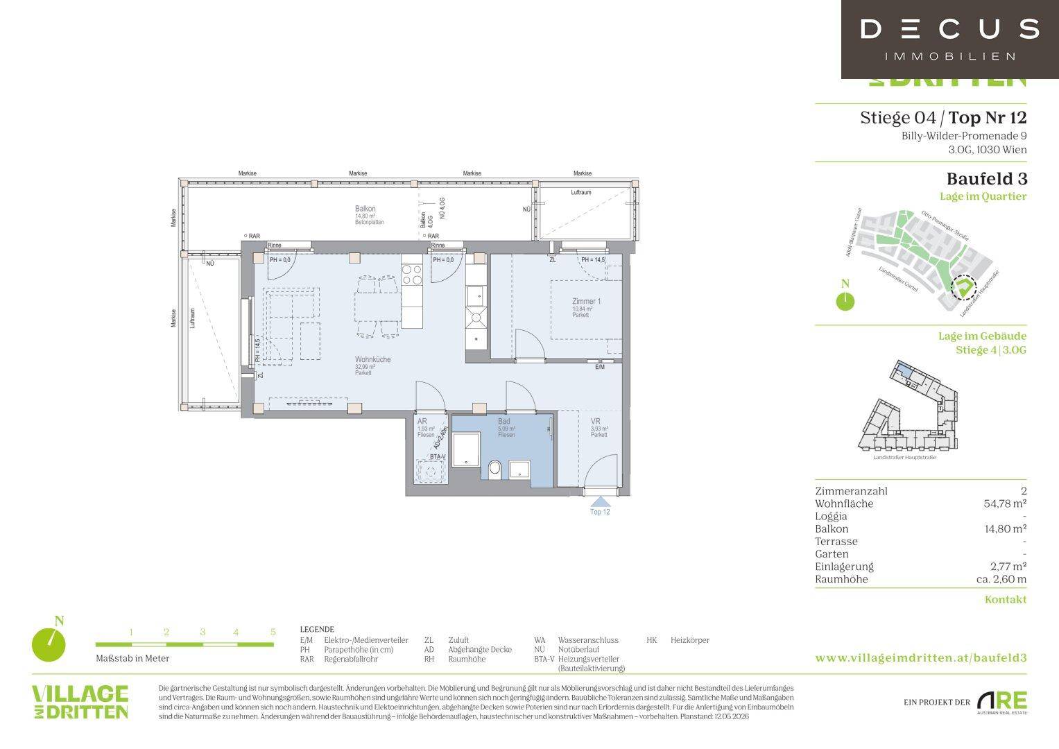 Grundriss einer Wohnung mit offenem Wohnbereich, Schlafzimmer, Bad und Loggia.