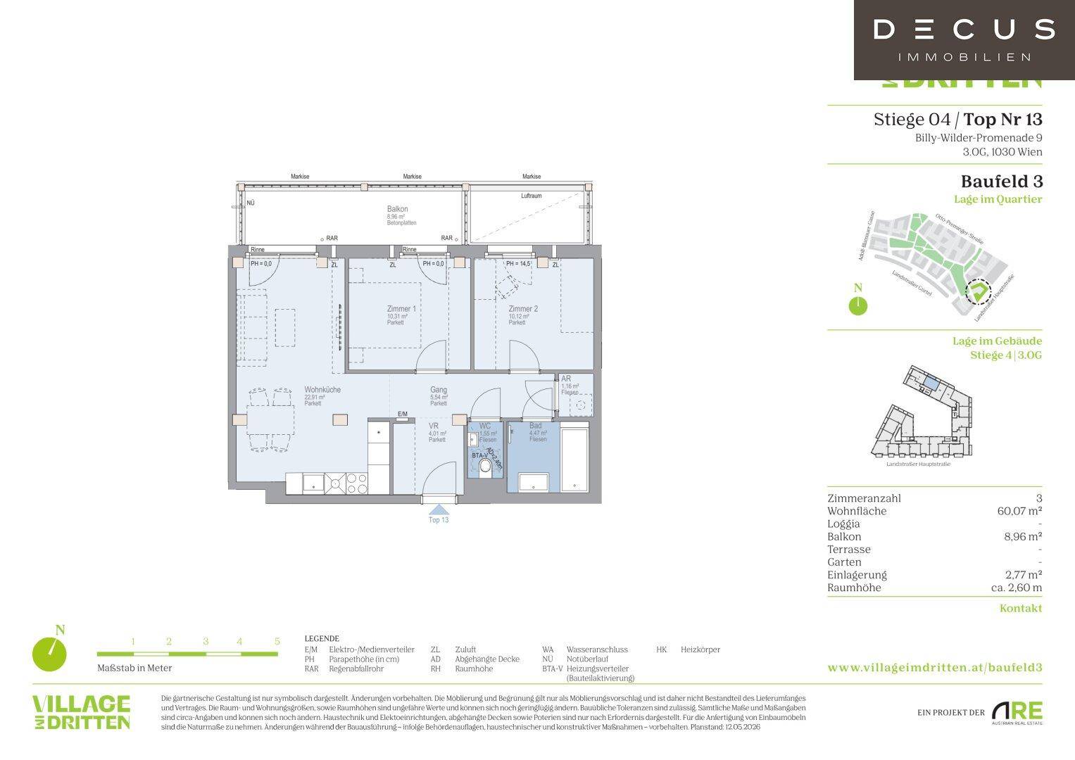 Grundriss einer Wohnung mit drei Zimmern, offener Küche, Loggia, Balkon und Gartenanteil.