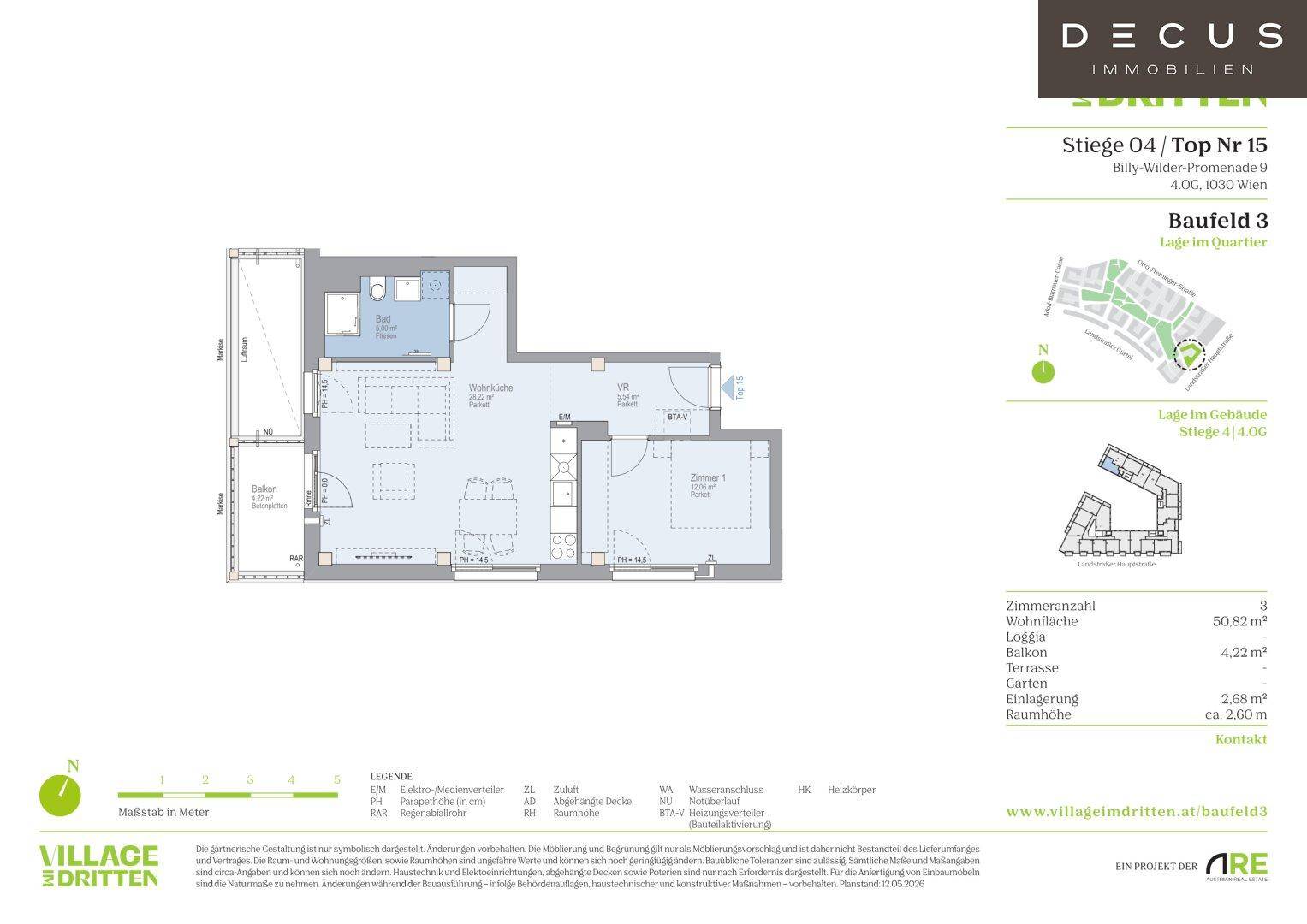 Grundriss einer Wohnung mit drei Zimmern, Loggia und separatem WC.