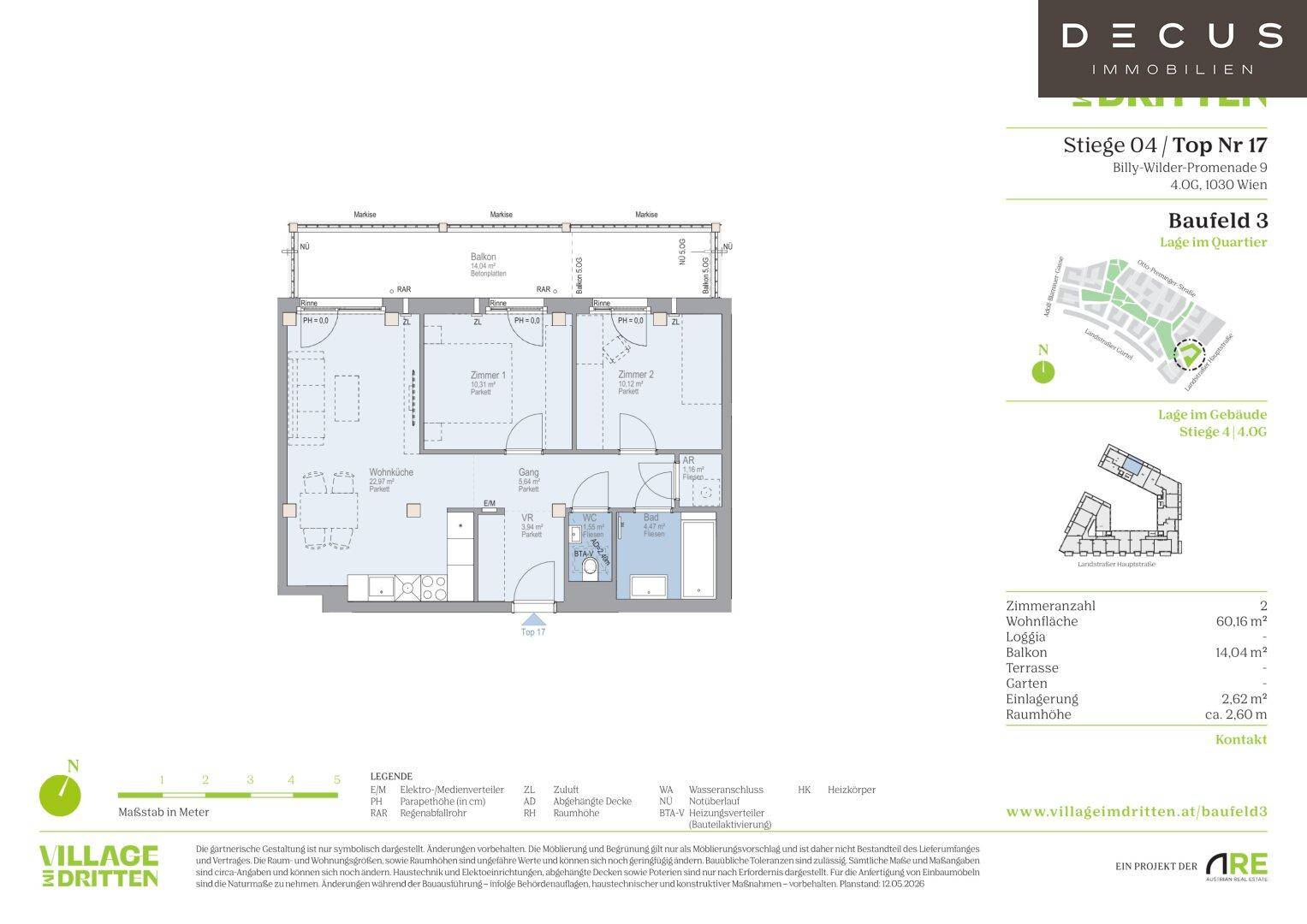 Grundriss einer Wohnung mit drei Zimmern, Loggia und separatem WC.