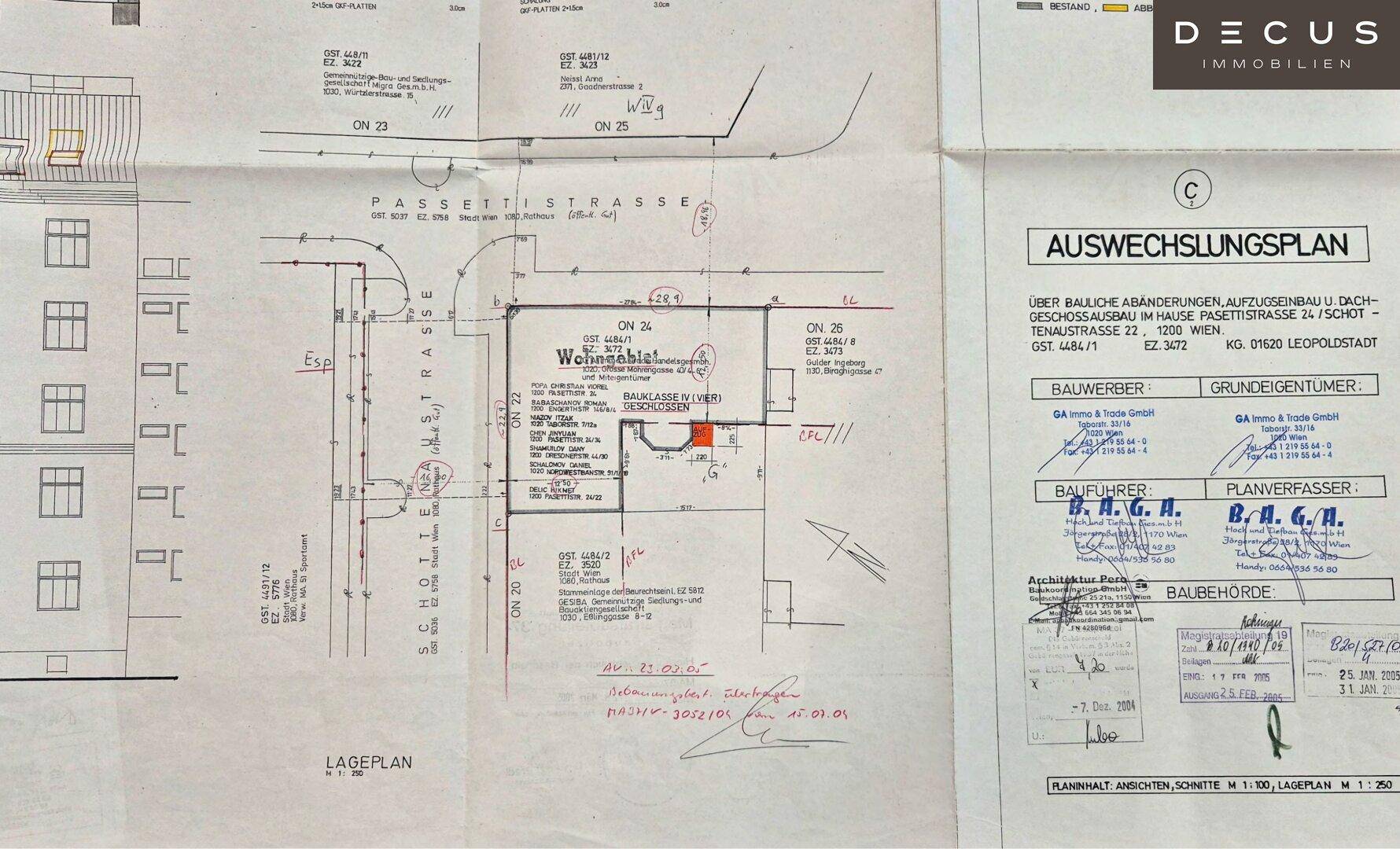 Lageplan des Gebäudes an der Pasettistraße mit umliegenden Straßen und Grundstücksgrenzen.