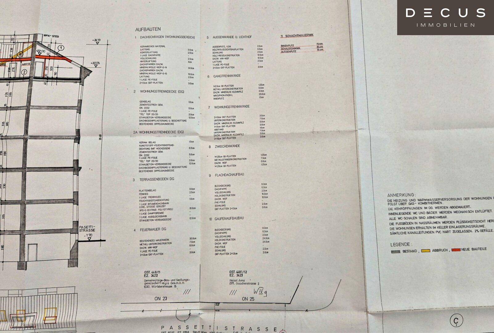 Detaillierte Auflistung der Aufbauten und Materialien für das Gebäude mit Legende.
