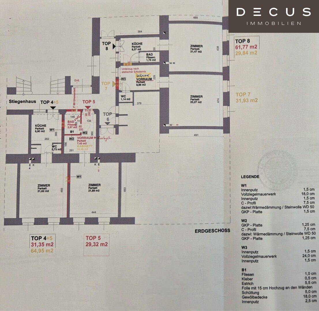 Grundriss des Erdgeschosses mit verschiedenen Wohneinheiten und einer Legende der Materialien.