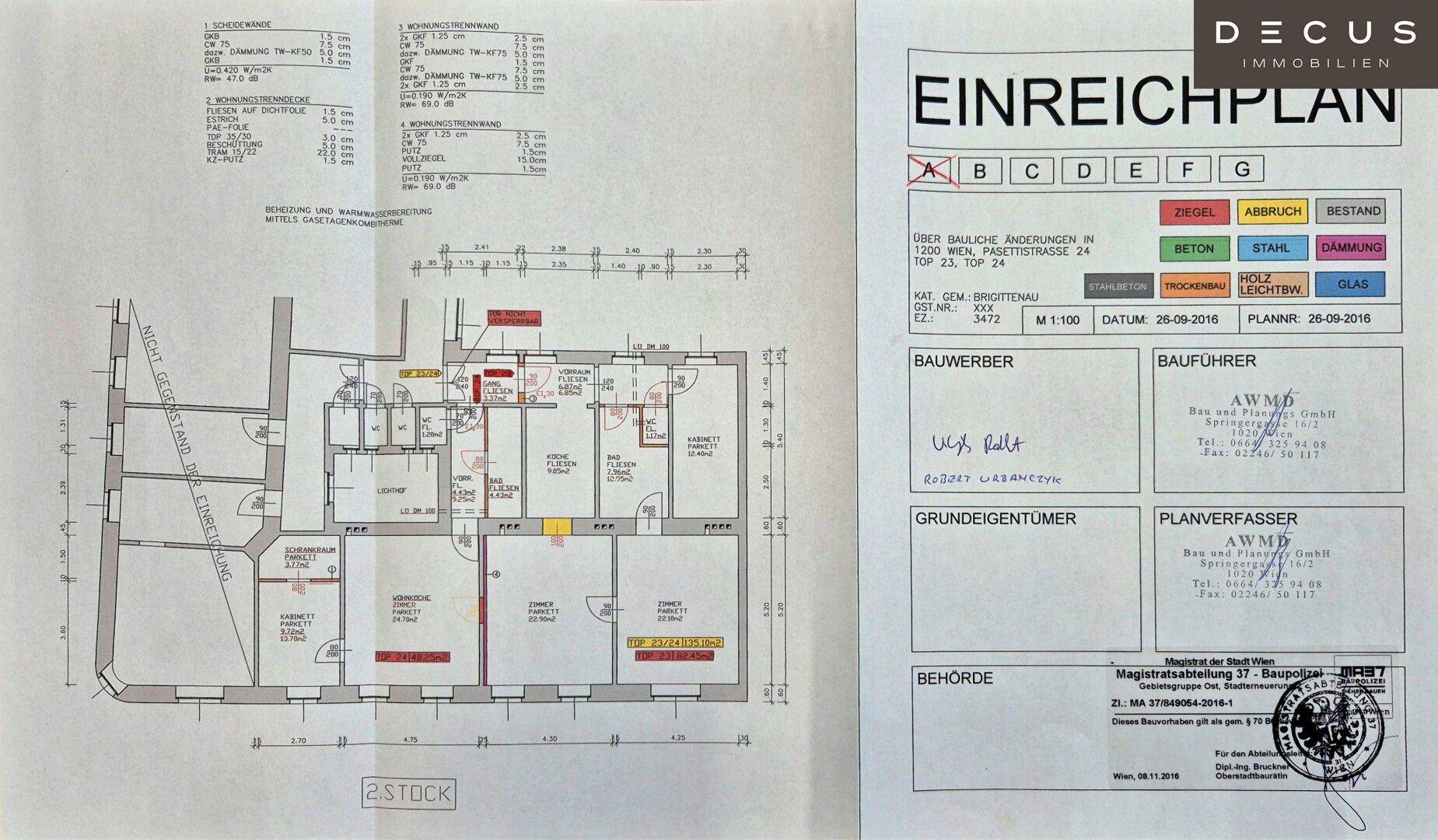 Detaillierter Einreichplan einer Wohnung im 2. Stock mit verschiedenen Räumen und Aufzug.