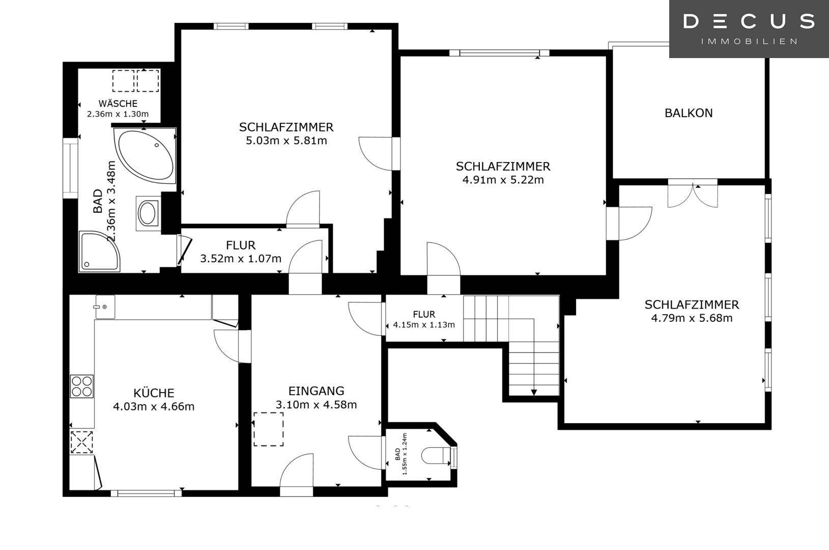 Grundriss des Erdgeschosses mit Küche, Eingangsbereich, Schlafzimmern und Balkon.