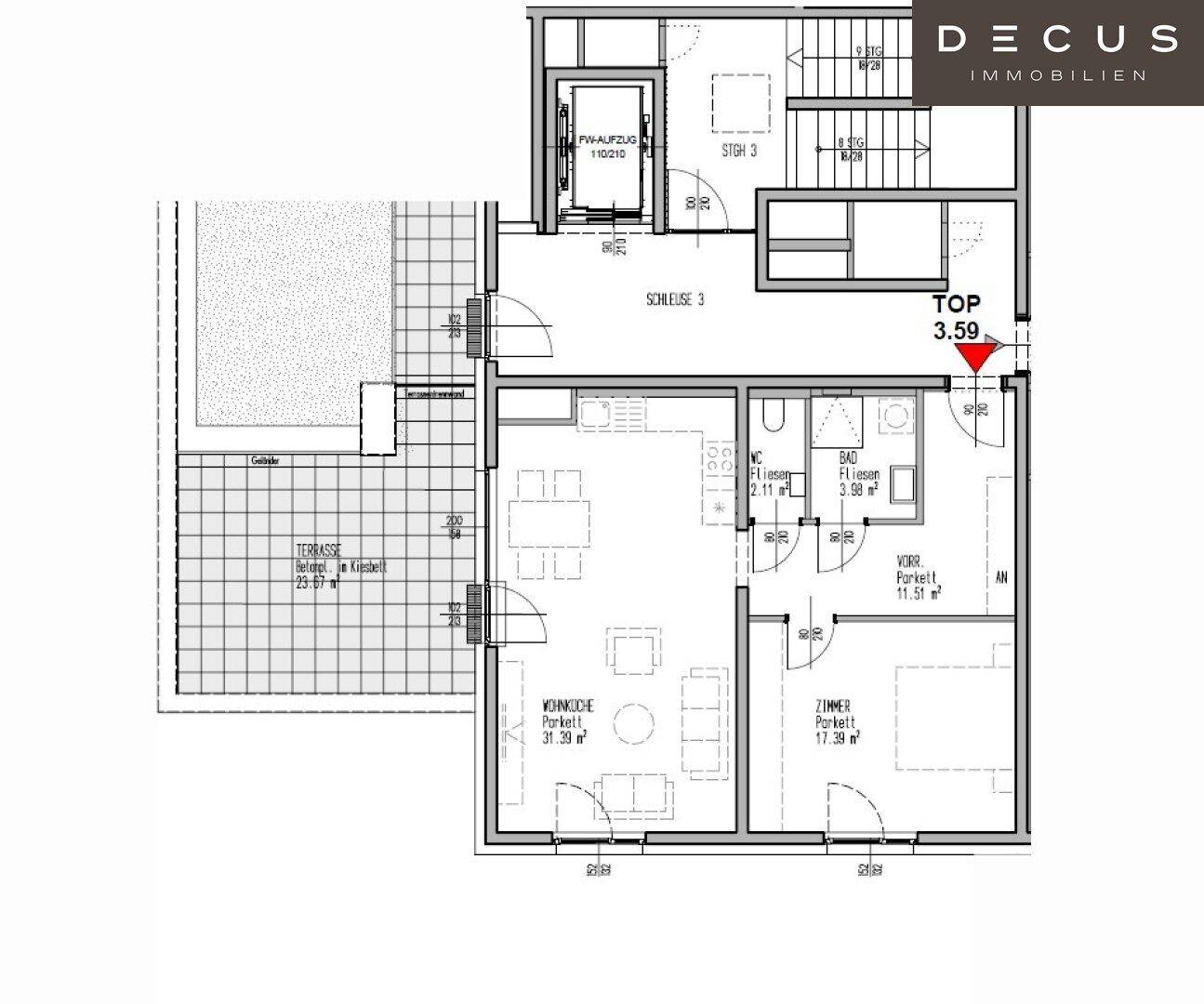 Detaillierter Grundriss einer Wohnung mit Terrasse, Wohnbereich, Schlafzimmer und Bad.